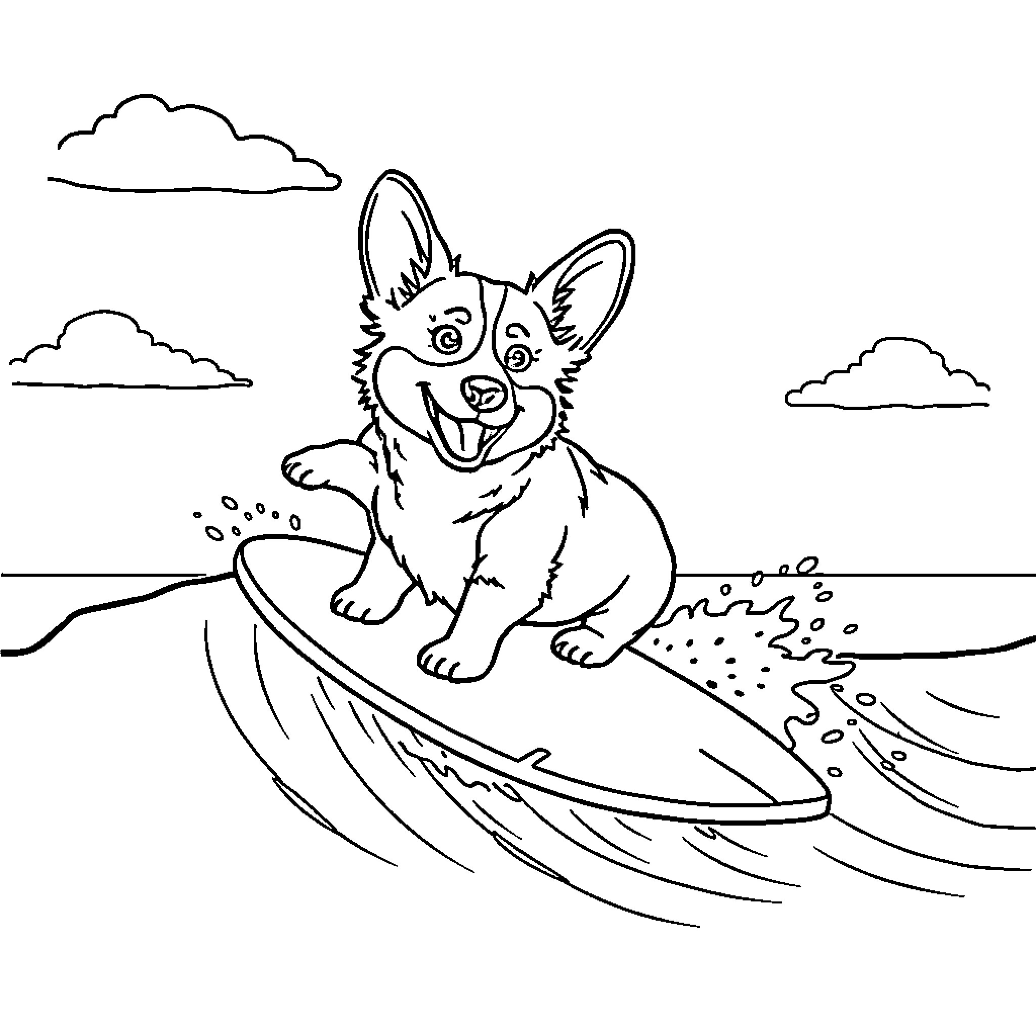 Corgi surfing happily on the waves Coloring Page (free black-and-white line drawing printable PDF for all, from beginners to advanced learners, including children, teens, adults, and seniors)