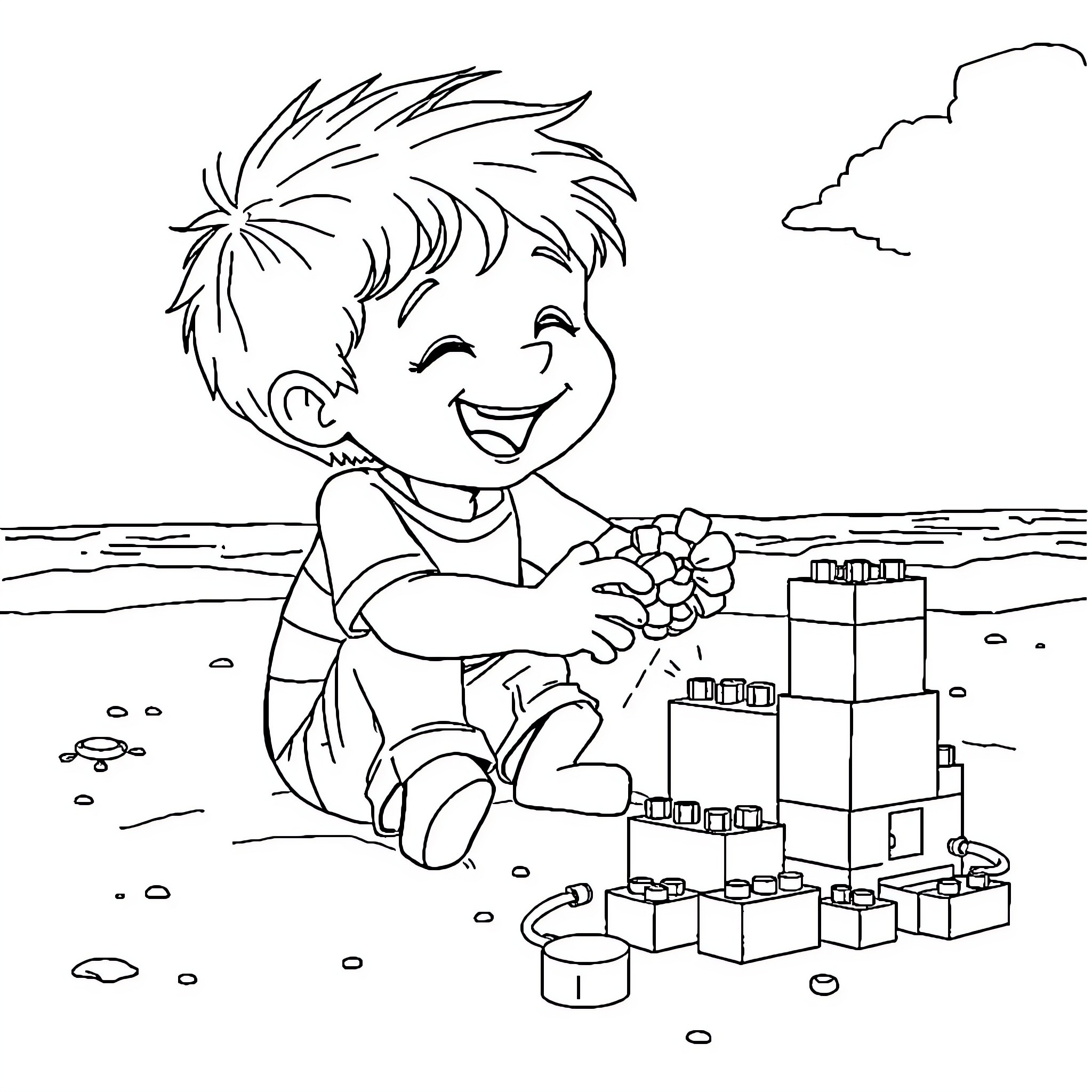 Boy playing happily with building blocks on the beach Coloring Page (free black-and-white line drawing printable PDF for all, from beginners to advanced learners, including children, teens, adults, and seniors)