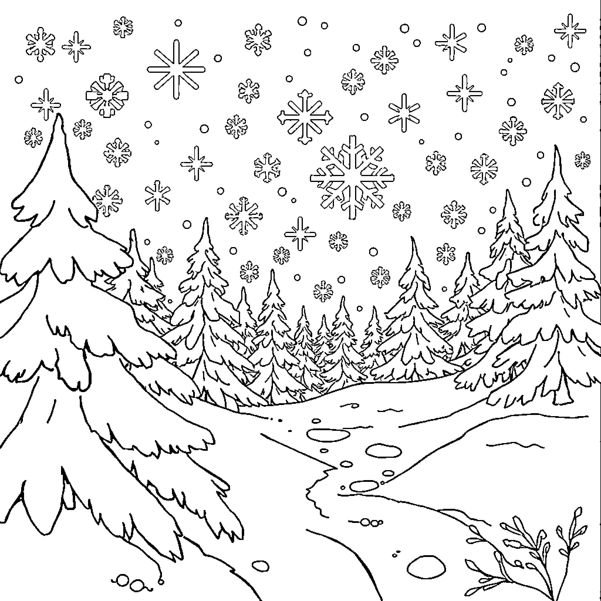 Wonderland of Snowy Landscapes and Sparkling Snowflakes Coloring Page (free black-and-white line drawing printable PDF for all, from beginners to advanced learners, including children, teens, adults, and seniors)