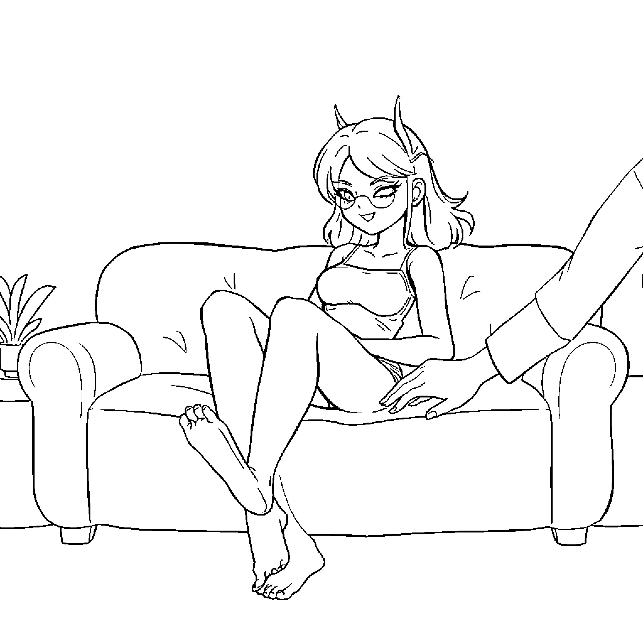 Android 18 relaxing on the couch Coloring Page (free black-and-white line drawing printable PDF for all, from beginners to advanced learners, including children, teens, adults, and seniors)