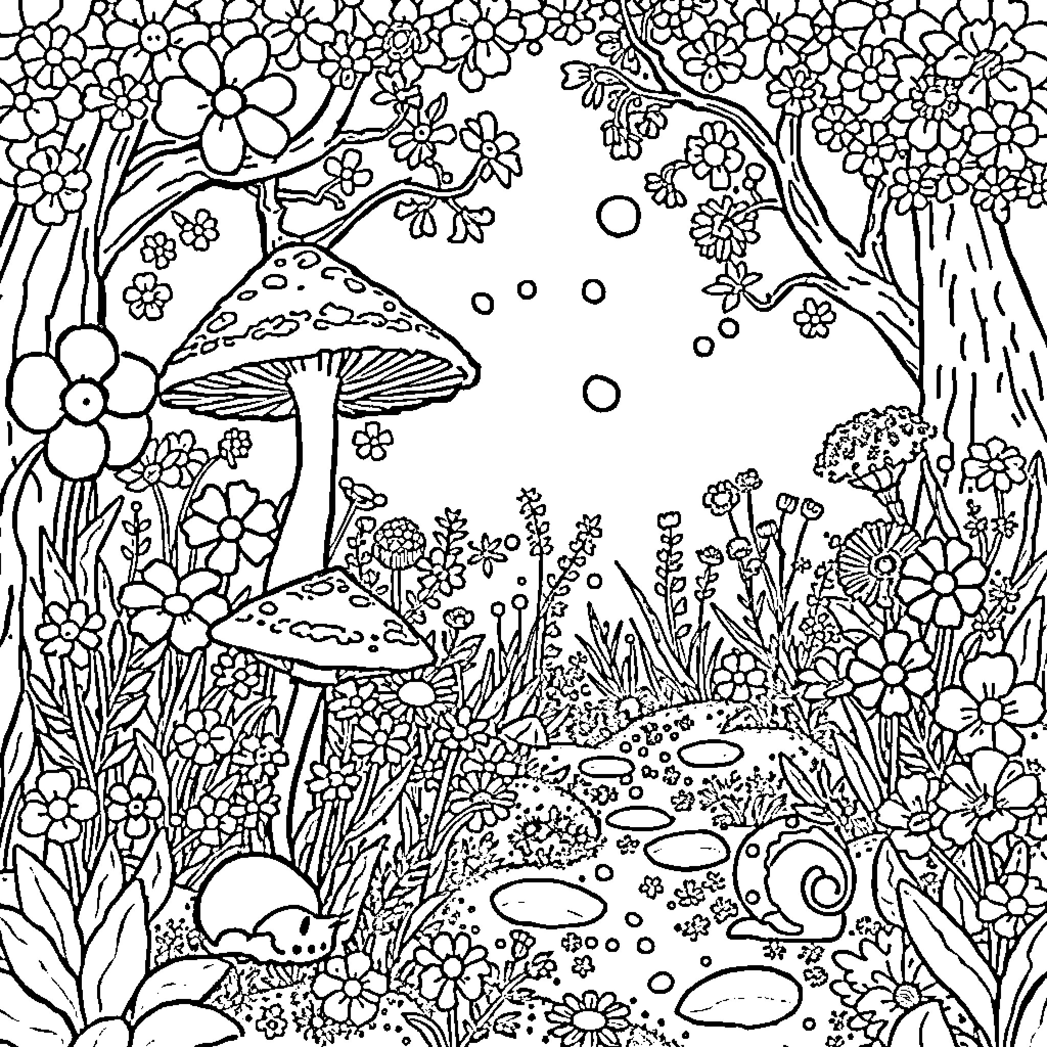 Mushroom garden with vibrant flora and whimsical elements Coloring Page (free black-and-white line drawing printable PDF for all, from beginners to advanced learners, including children, teens, adults, and seniors)