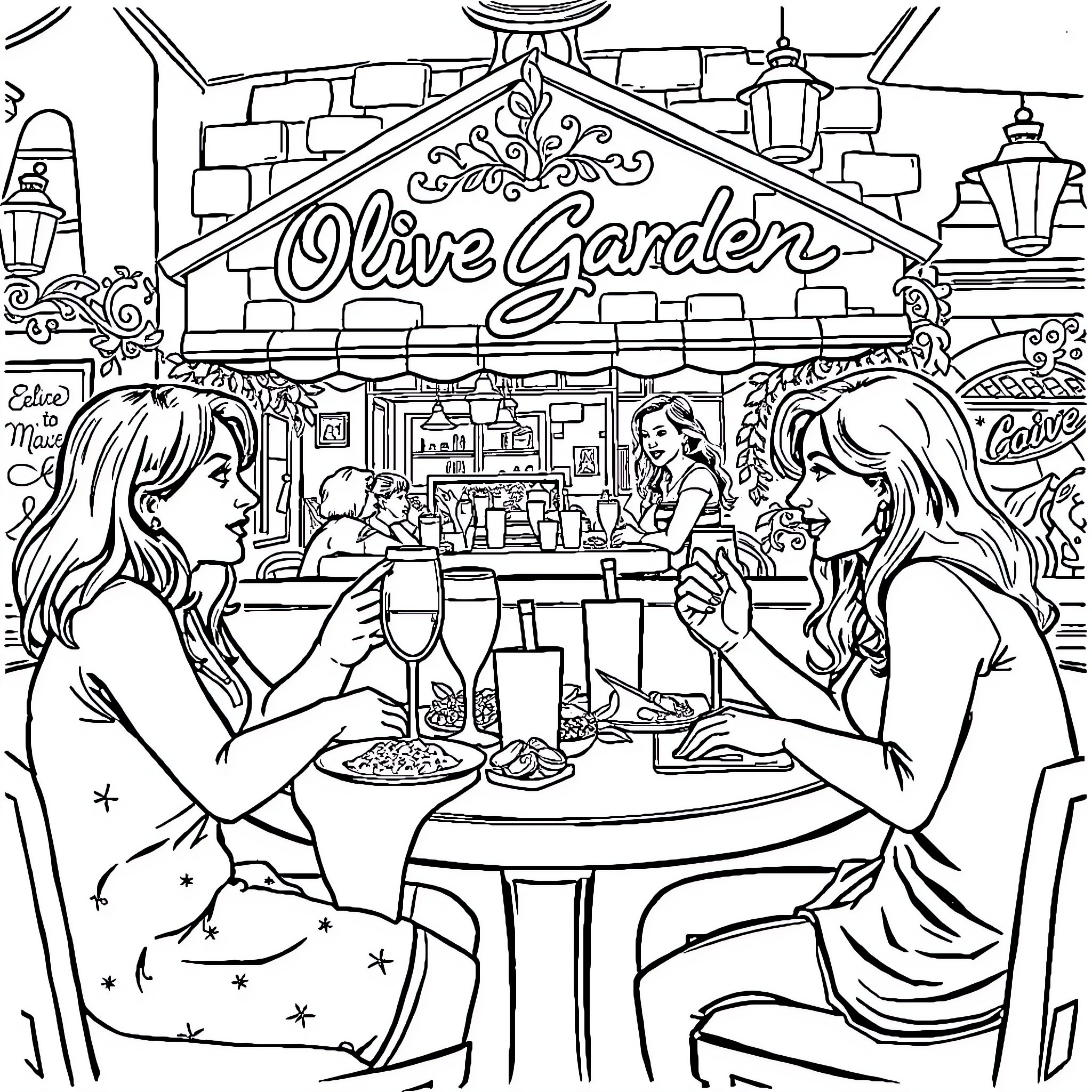 Ladies Enjoying Wine and Dining at Olive Garden Coloring Page (free black-and-white line drawing printable PDF for all, from beginners to advanced learners, including children, teens, adults, and seniors)