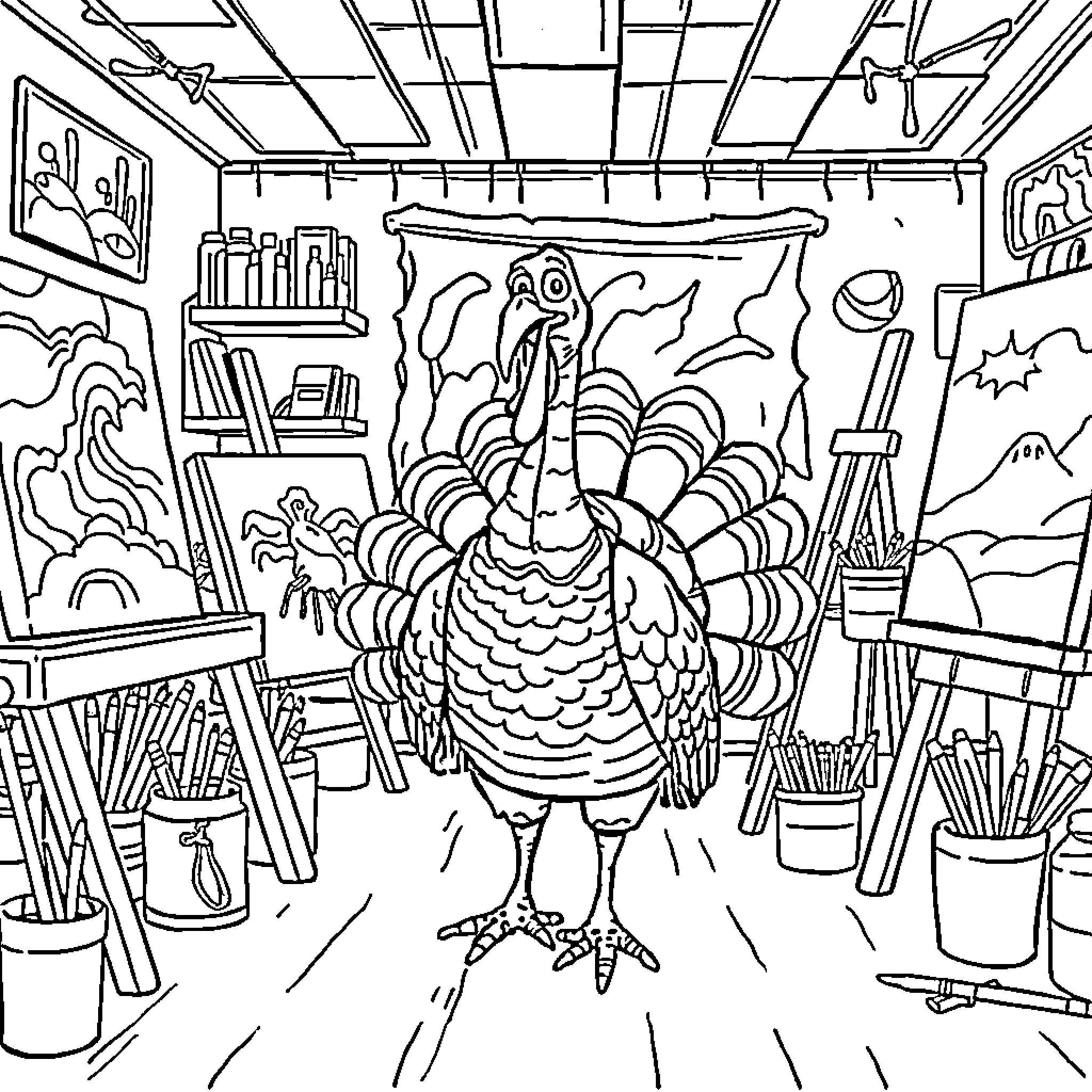 Turkey Strutting in the Artist's Studio Coloring Page (free black-and-white line drawing printable PDF for all, from beginners to advanced learners, including children, teens, adults, and seniors)