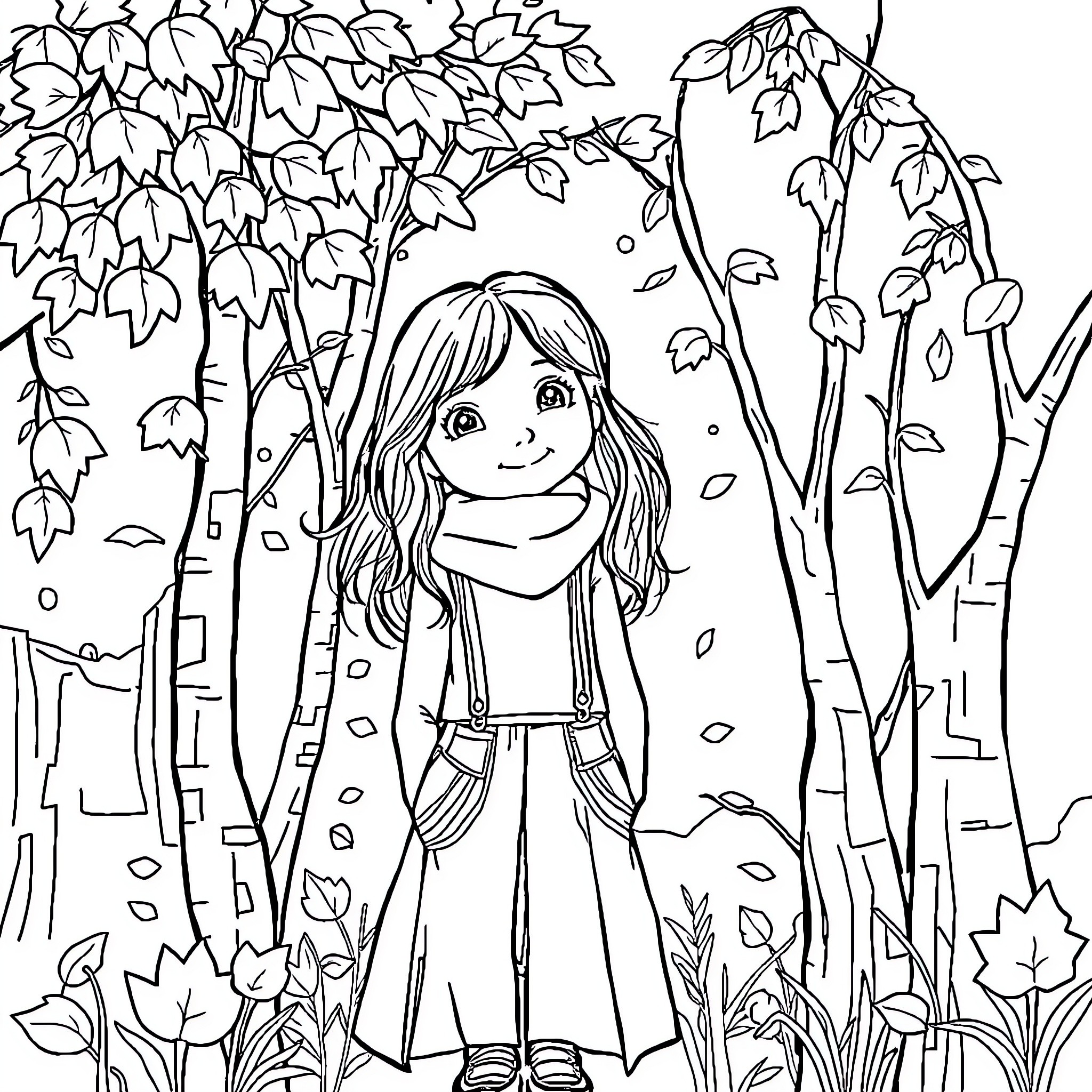 Student in forest enjoying autumn leaves Coloring Page (free black-and-white line drawing printable PDF for all, from beginners to advanced learners, including children, teens, adults, and seniors)