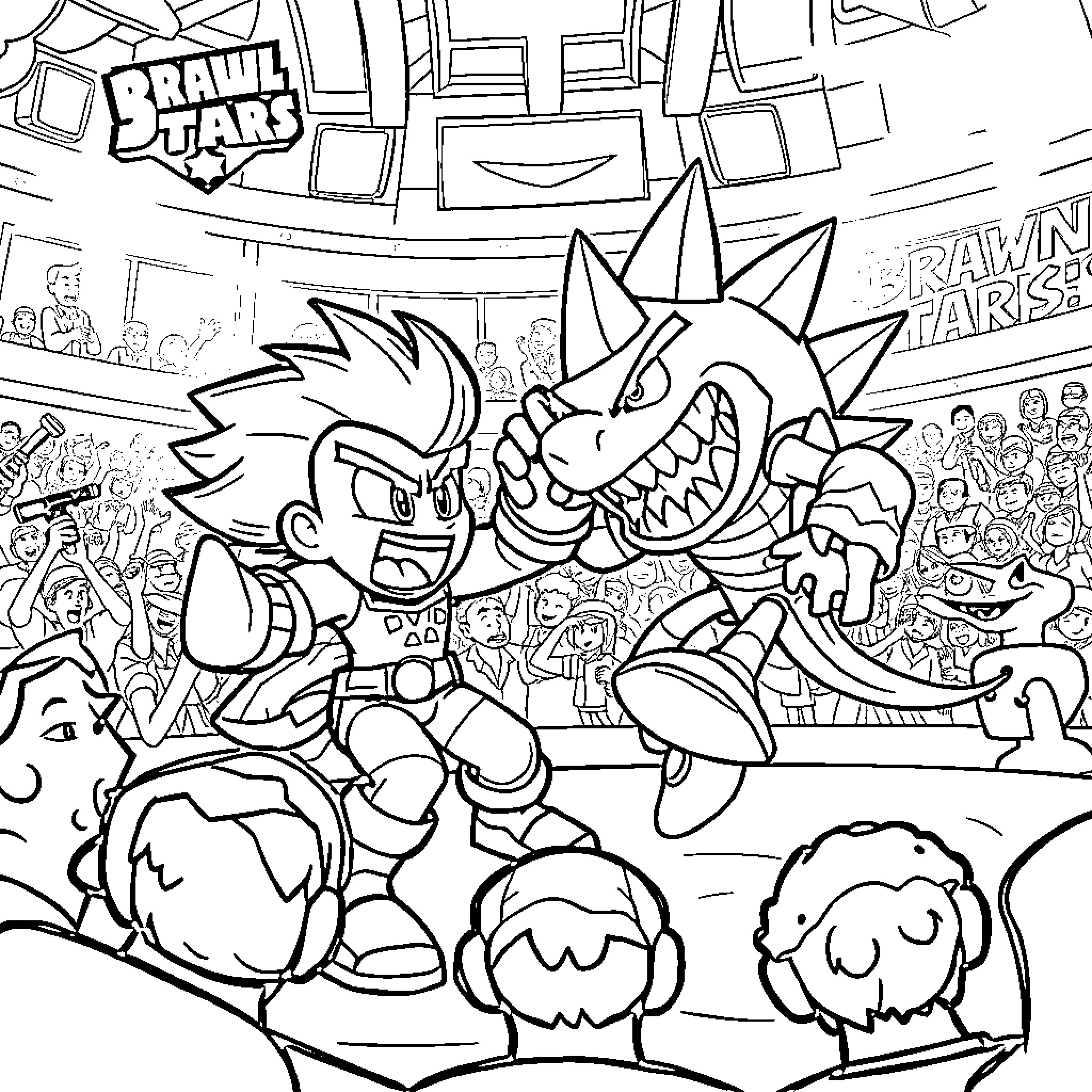 Brawling Characters in an Animated Arena Coloring Page (free black-and-white line drawing printable PDF for all, from beginners to advanced learners, including children, teens, adults, and seniors)