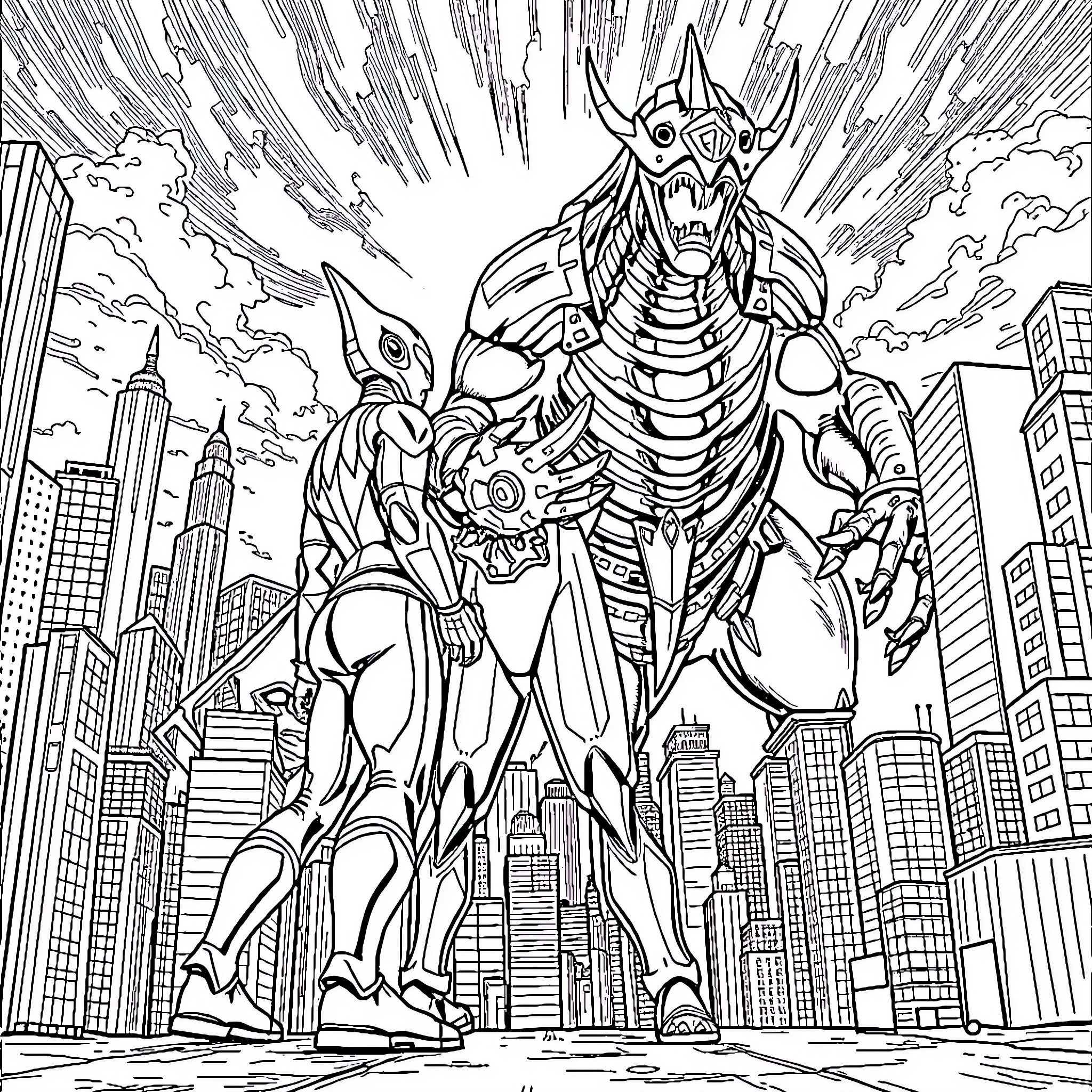 Ultraman Battling Giant Monster in City Coloring Page (free black-and-white line drawing printable PDF for all, from beginners to advanced learners, including children, teens, adults, and seniors)