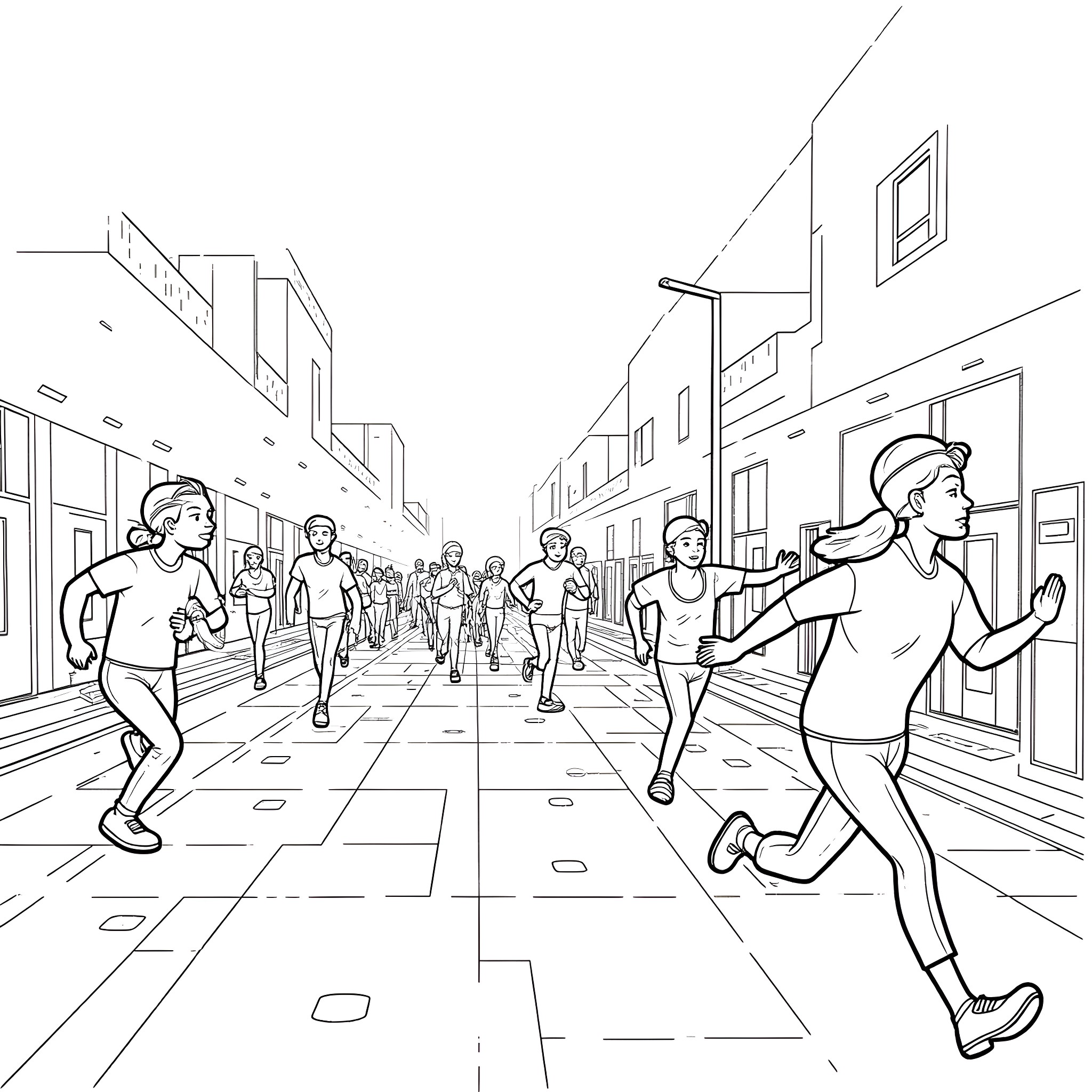 Chaos in the City Street Coloring Page (free black-and-white line drawing printable PDF for all, from beginners to advanced learners, including children, teens, adults, and seniors)