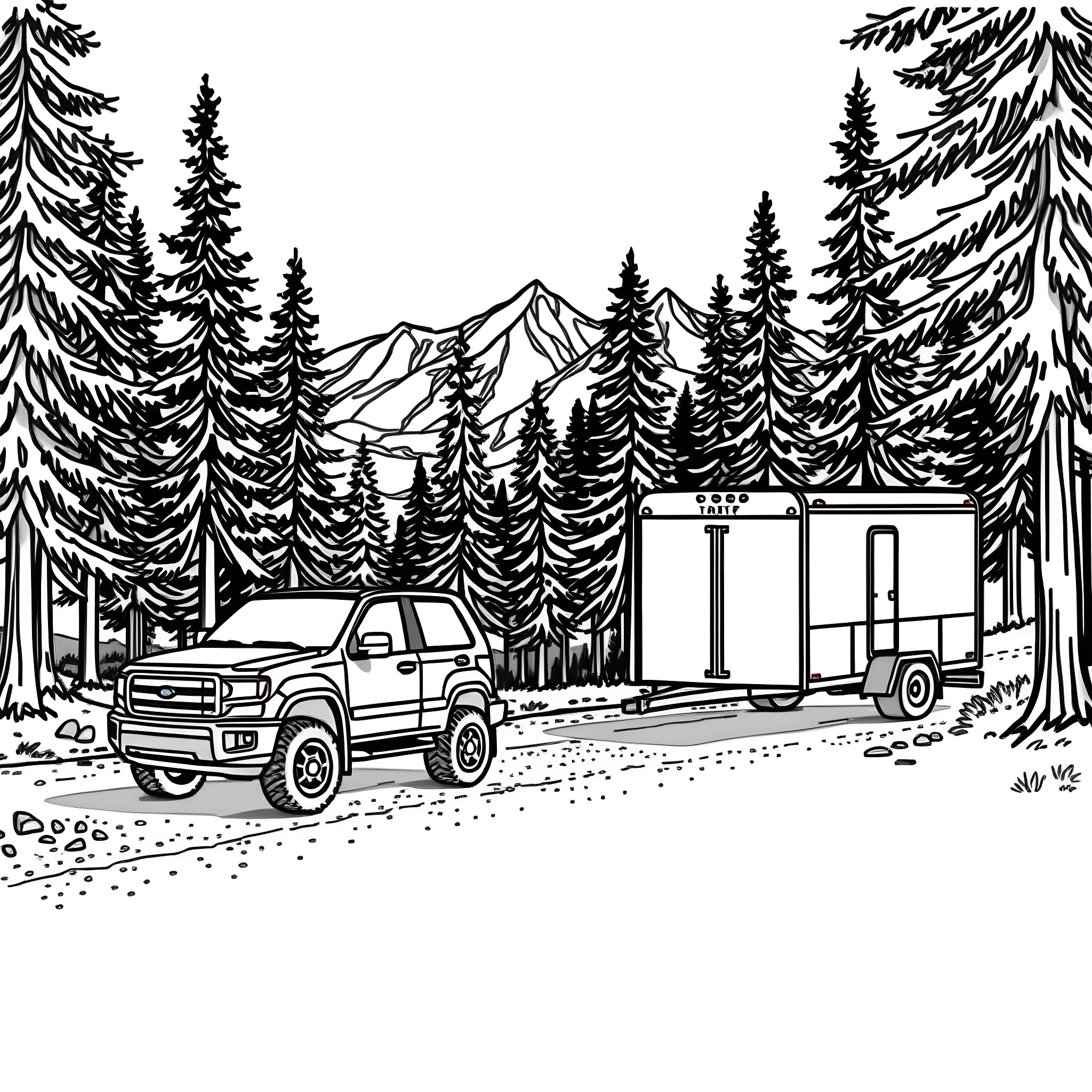Pickup truck towing camper in the mountains Coloring Page (free black-and-white line drawing printable PDF for all, from beginners to advanced learners, including children, teens, adults, and seniors)