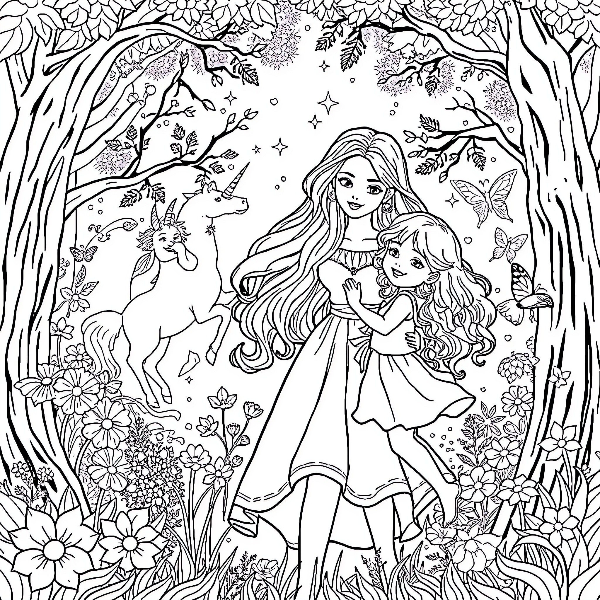 Woman and girl in enchanted forest with animals Coloring Page (free black-and-white line drawing printable PDF for all, from beginners to advanced learners, including children, teens, adults, and seniors)