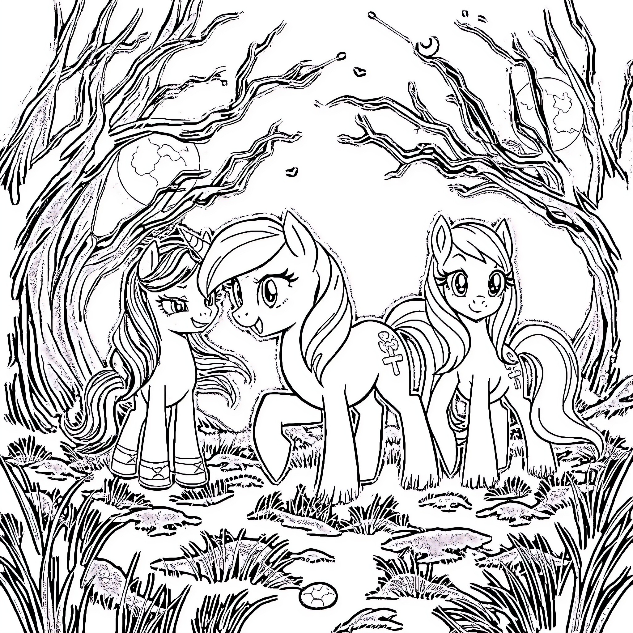 My Little Pony friends explore enchanted forest Coloring Page (free black-and-white line drawing printable PDF for all, from beginners to advanced learners, including children, teens, adults, and seniors)