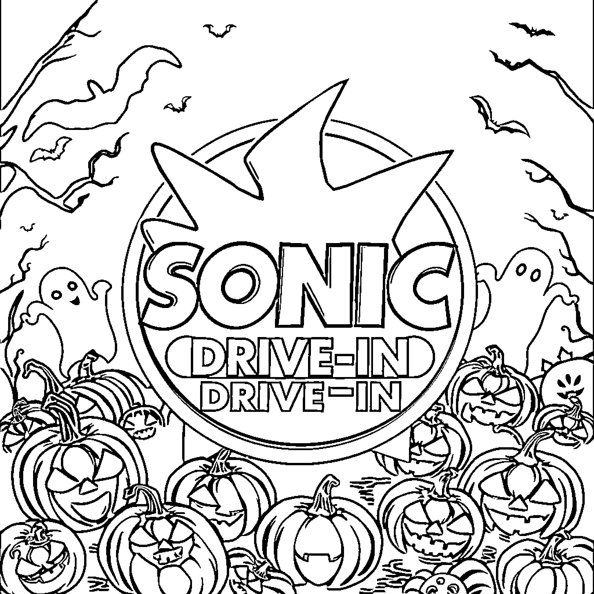 Sonic's Halloween Drive-In Adventure Coloring Page (free black-and-white line drawing printable PDF for all, from beginners to advanced learners, including children, teens, adults, and seniors)