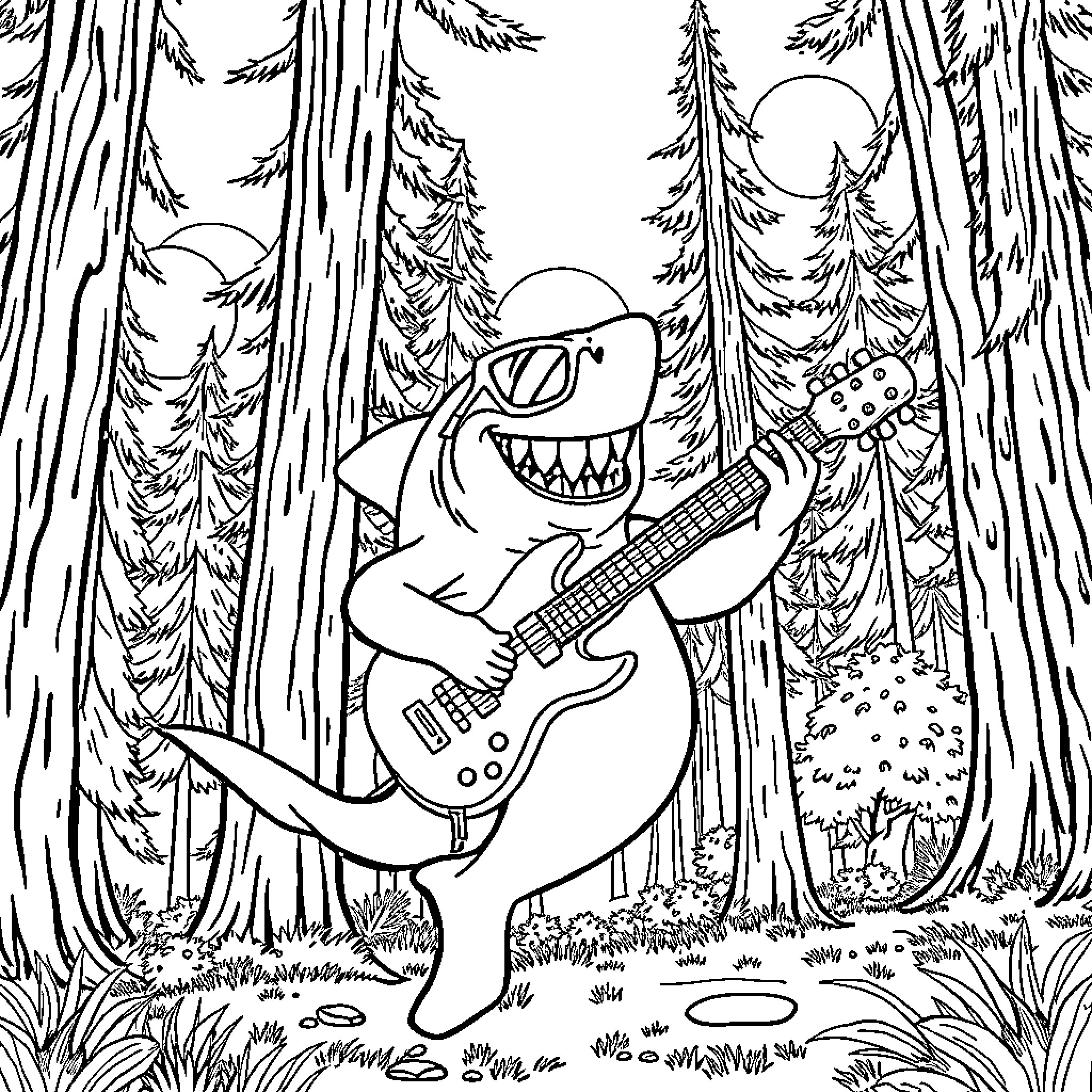 Shark playing guitar in the forest Coloring Page (free black-and-white line drawing printable PDF for all, from beginners to advanced learners, including children, teens, adults, and seniors)