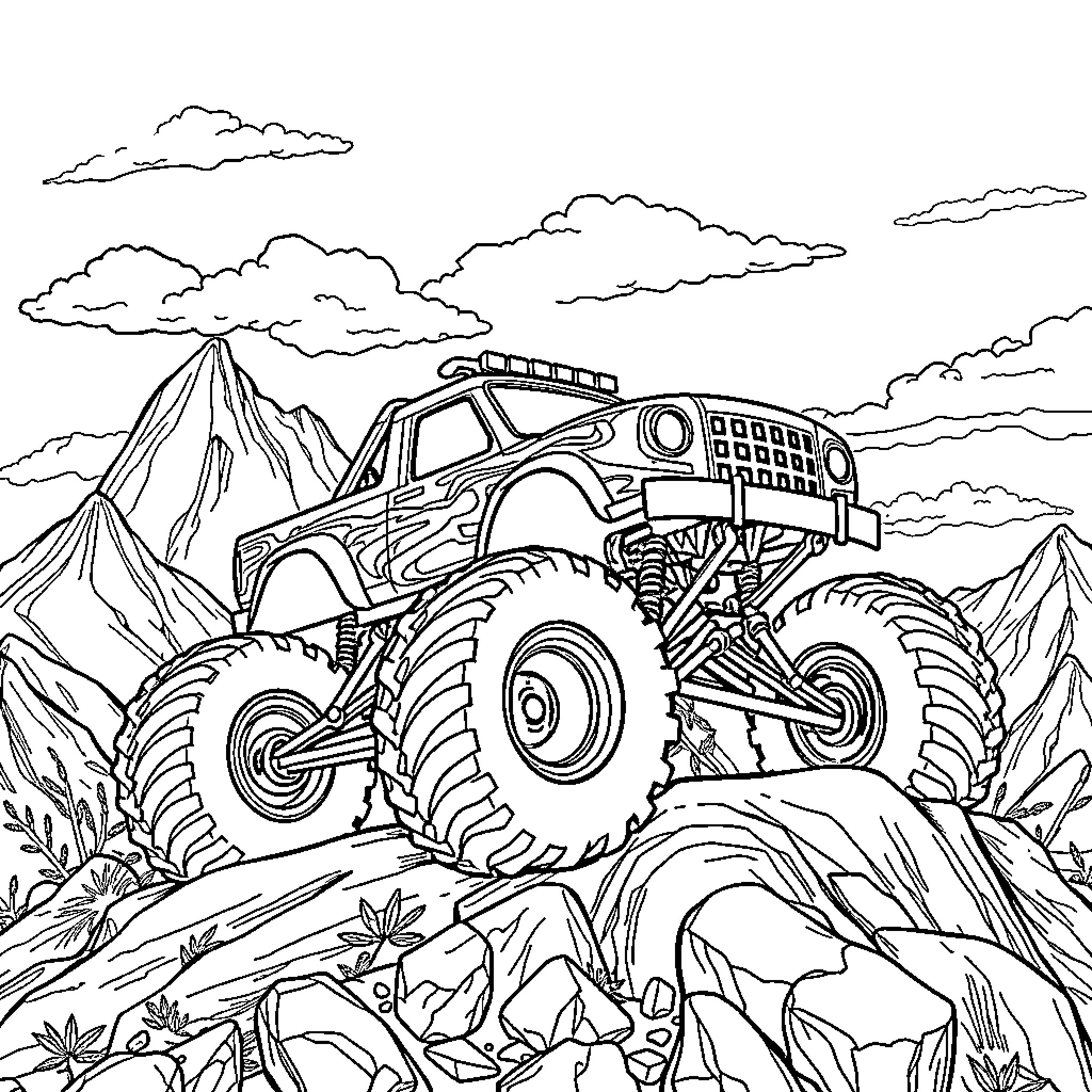 Monster Truck Conquering Rugged Terrain Coloring Page (free black-and-white line drawing printable PDF for all, from beginners to advanced learners, including children, teens, adults, and seniors)