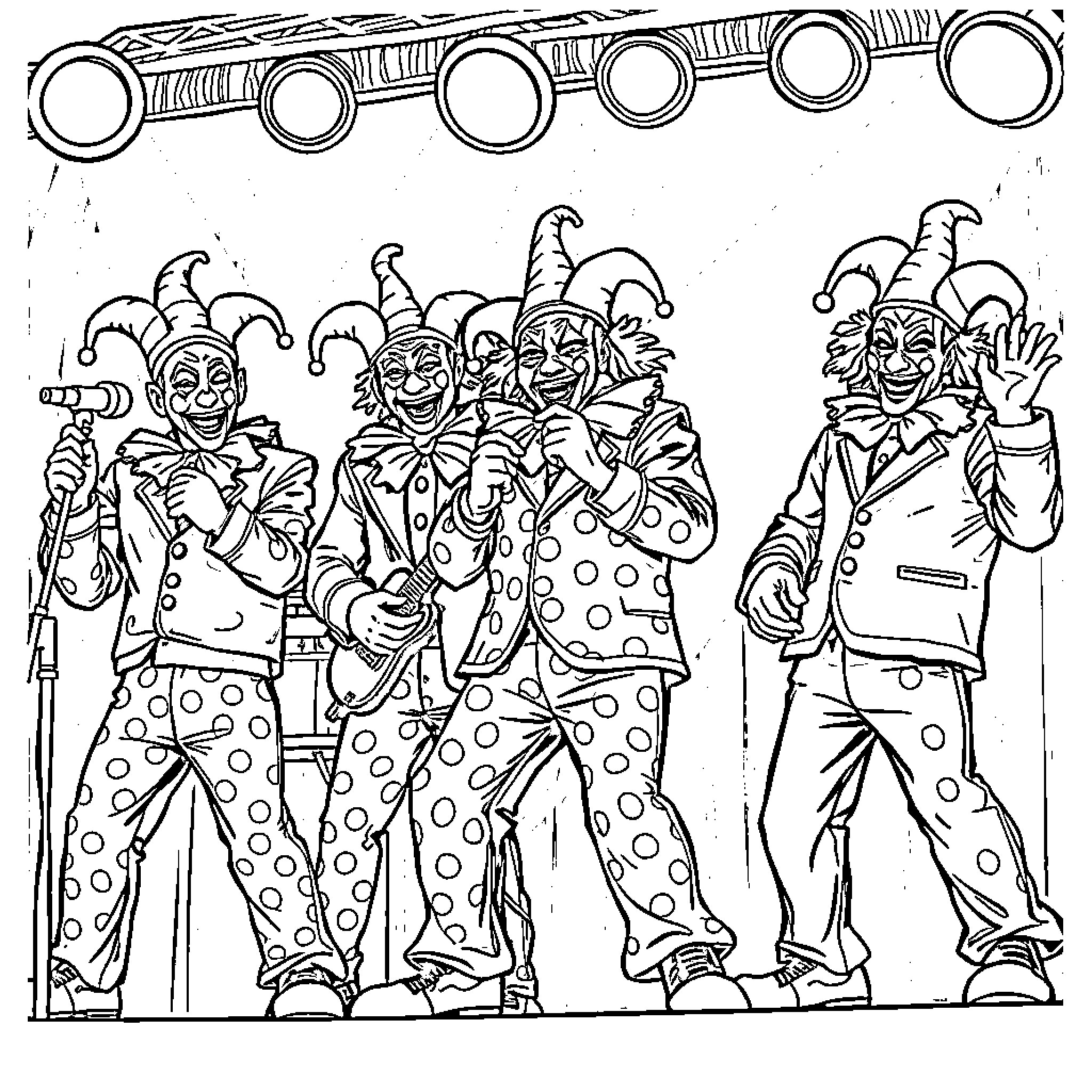 Clowns Performing on Stage Coloring Page (free black-and-white line drawing printable PDF for all, from beginners to advanced learners, including children, teens, adults, and seniors)