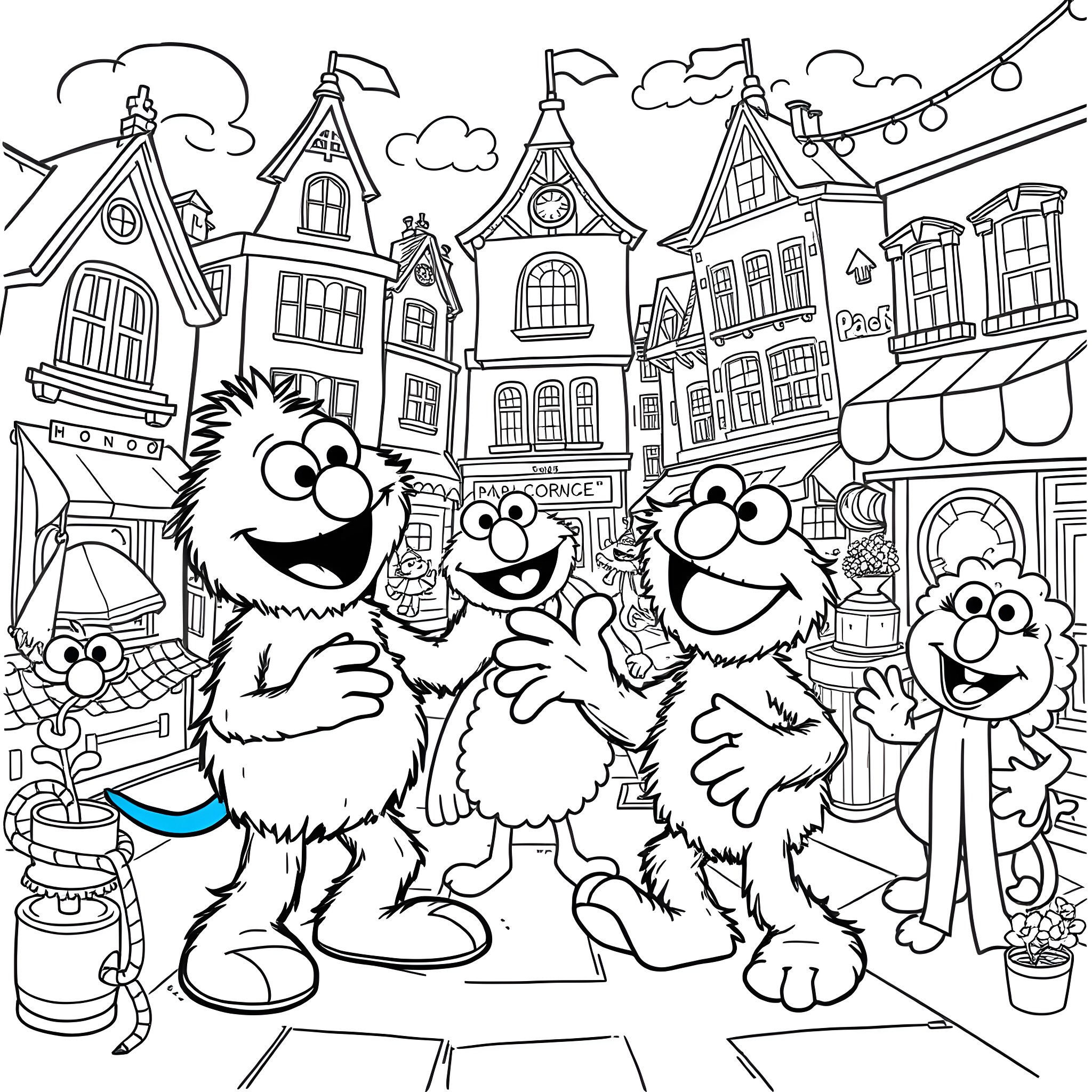 Bluey and Friends Explore the Colorful Town Coloring Page (free black-and-white line drawing printable PDF for all, from beginners to advanced learners, including children, teens, adults, and seniors)