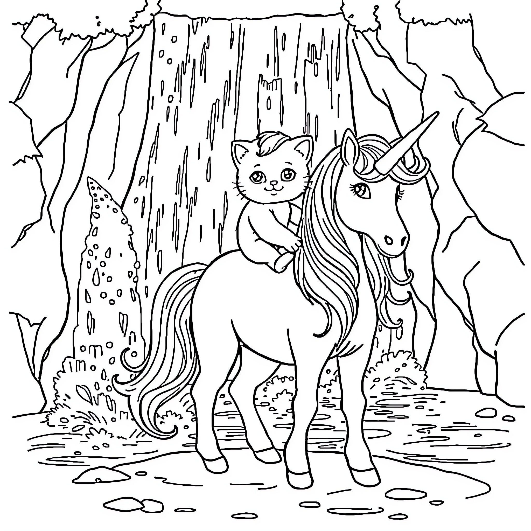 Kitten and Unicorn near Waterfall Coloring Page (free black-and-white line drawing printable PDF for all, from beginners to advanced learners, including children, teens, adults, and seniors)