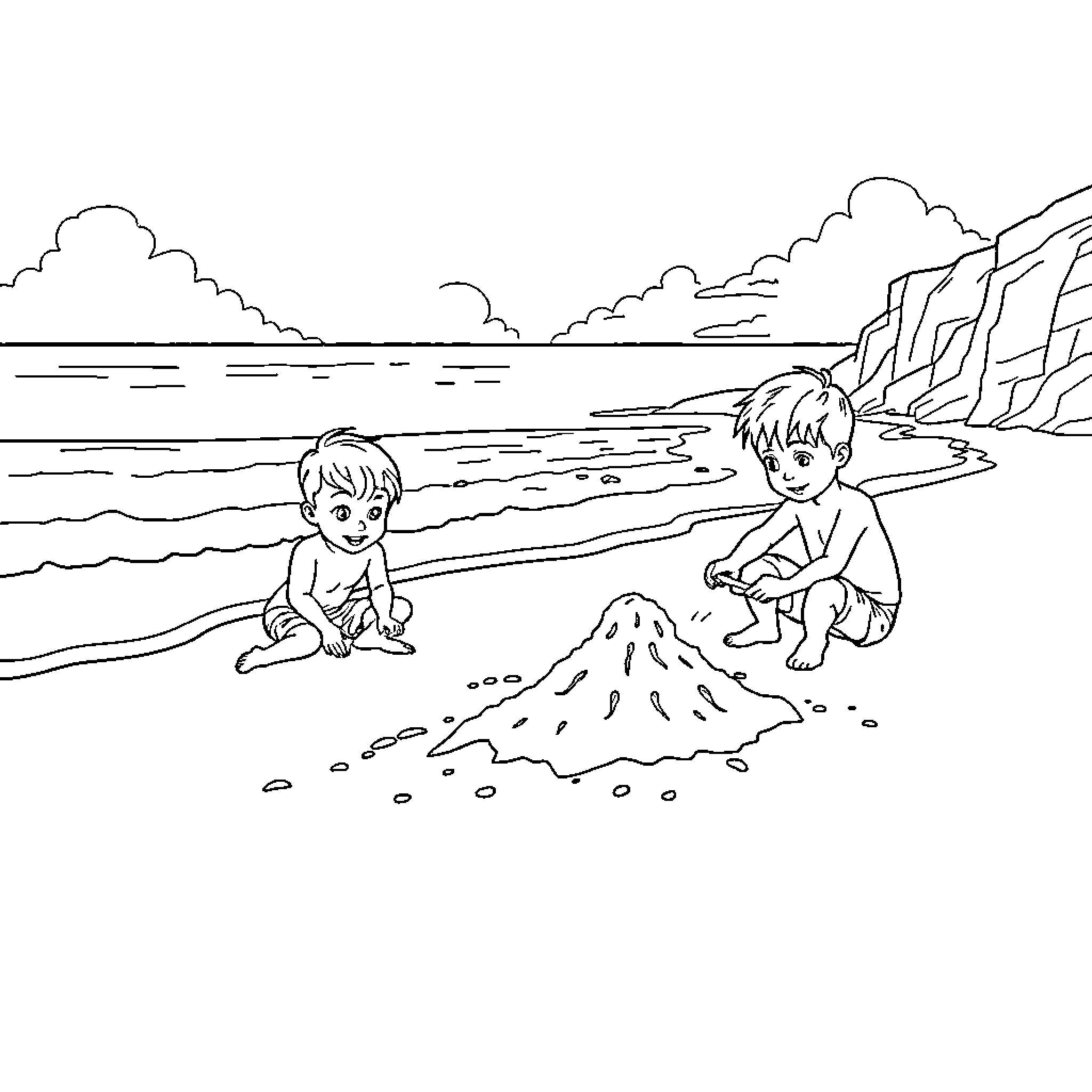 Boys playing in the sand at the beach Coloring Page (free black-and-white line drawing printable PDF for all, from beginners to advanced learners, including children, teens, adults, and seniors)