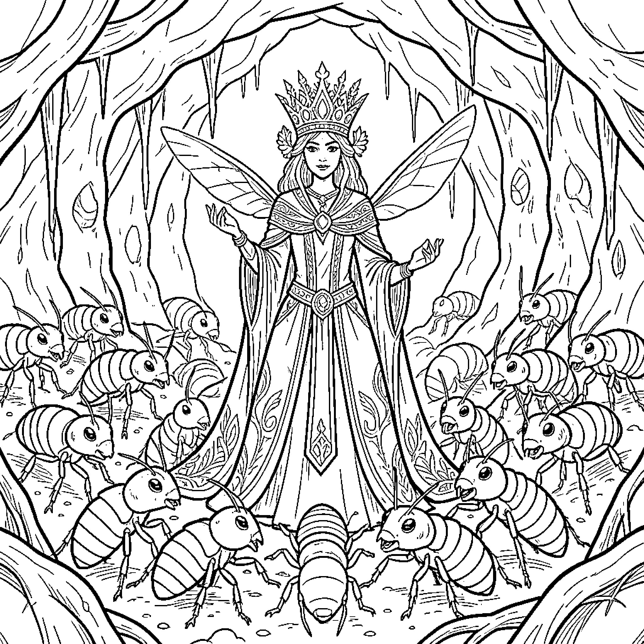Termite Queen Ruling Her Colony in the Forest Coloring Page (free black-and-white line drawing printable PDF for all, from beginners to advanced learners, including children, teens, adults, and seniors)