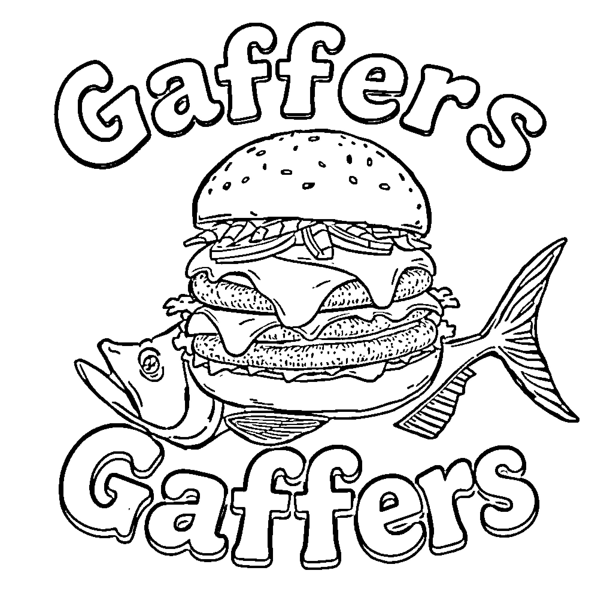 Cheeseburger-shaped fish with amusing facial expression Coloring Page (free black-and-white line drawing printable PDF for all, from beginners to advanced learners, including children, teens, adults, and seniors)