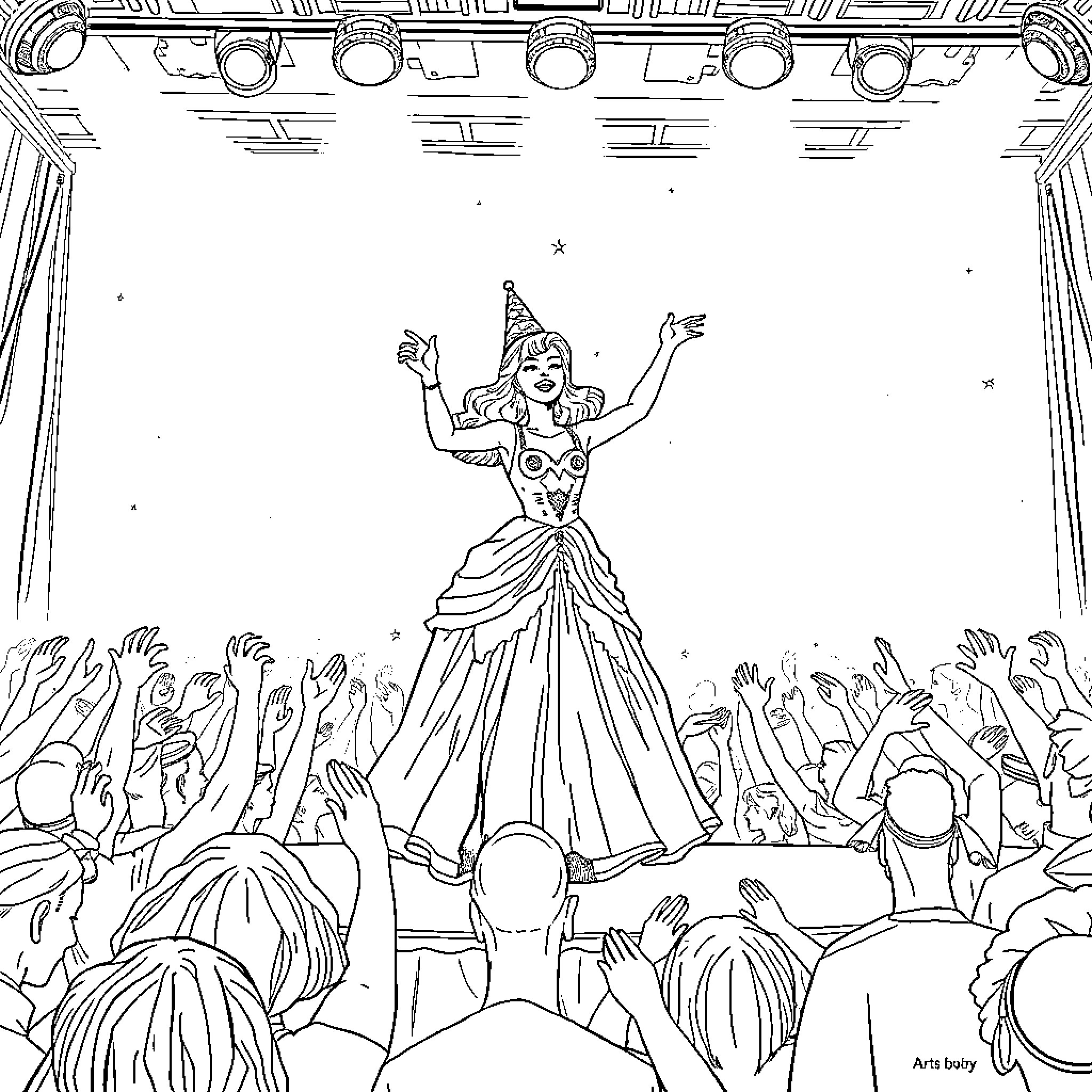 Glinda's Spectacular Performance on Stage Coloring Page (free black-and-white line drawing printable PDF for all, from beginners to advanced learners, including children, teens, adults, and seniors)