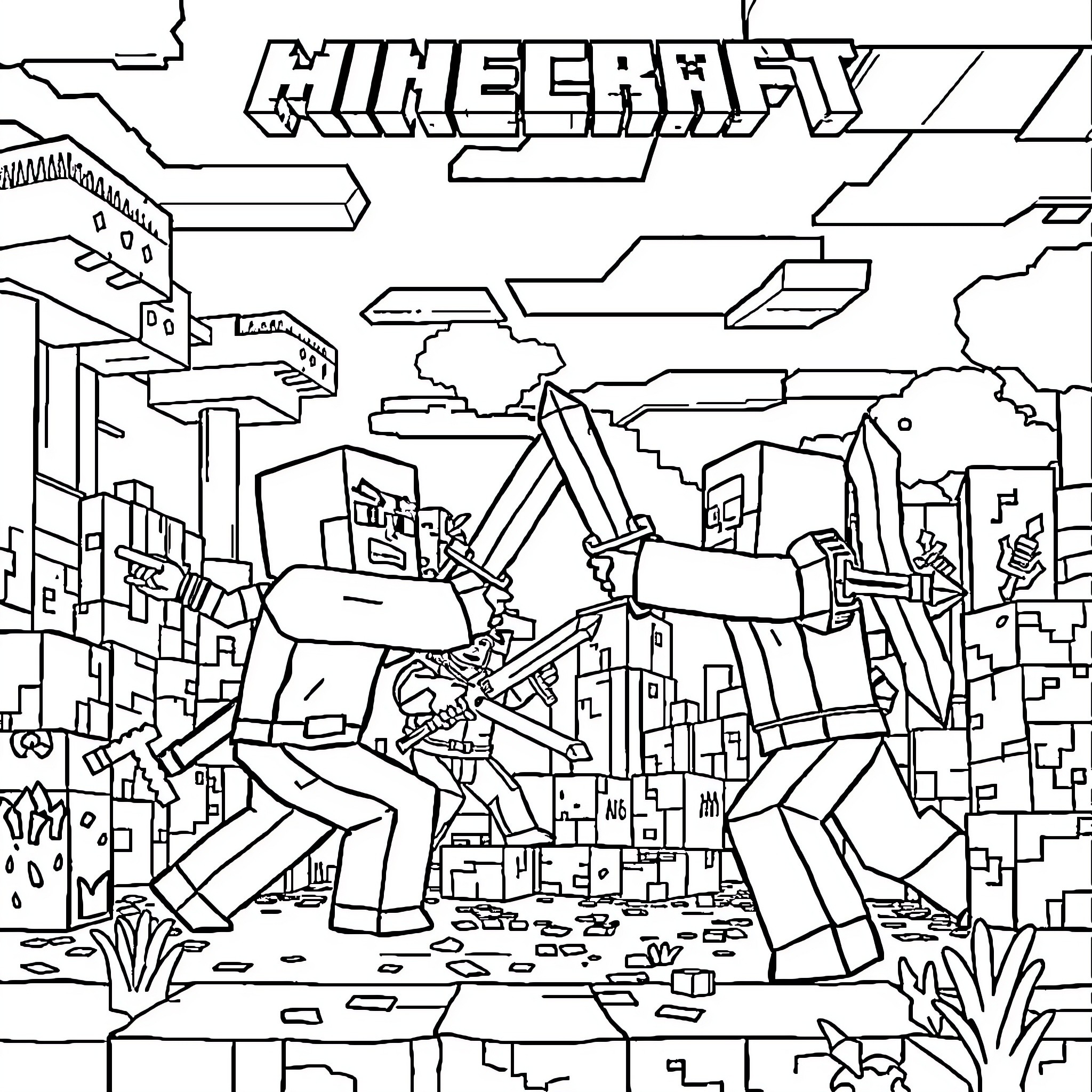 Minecraft characters exploring the city landscape Coloring Page (free black-and-white line drawing printable PDF for all, from beginners to advanced learners, including children, teens, adults, and seniors)