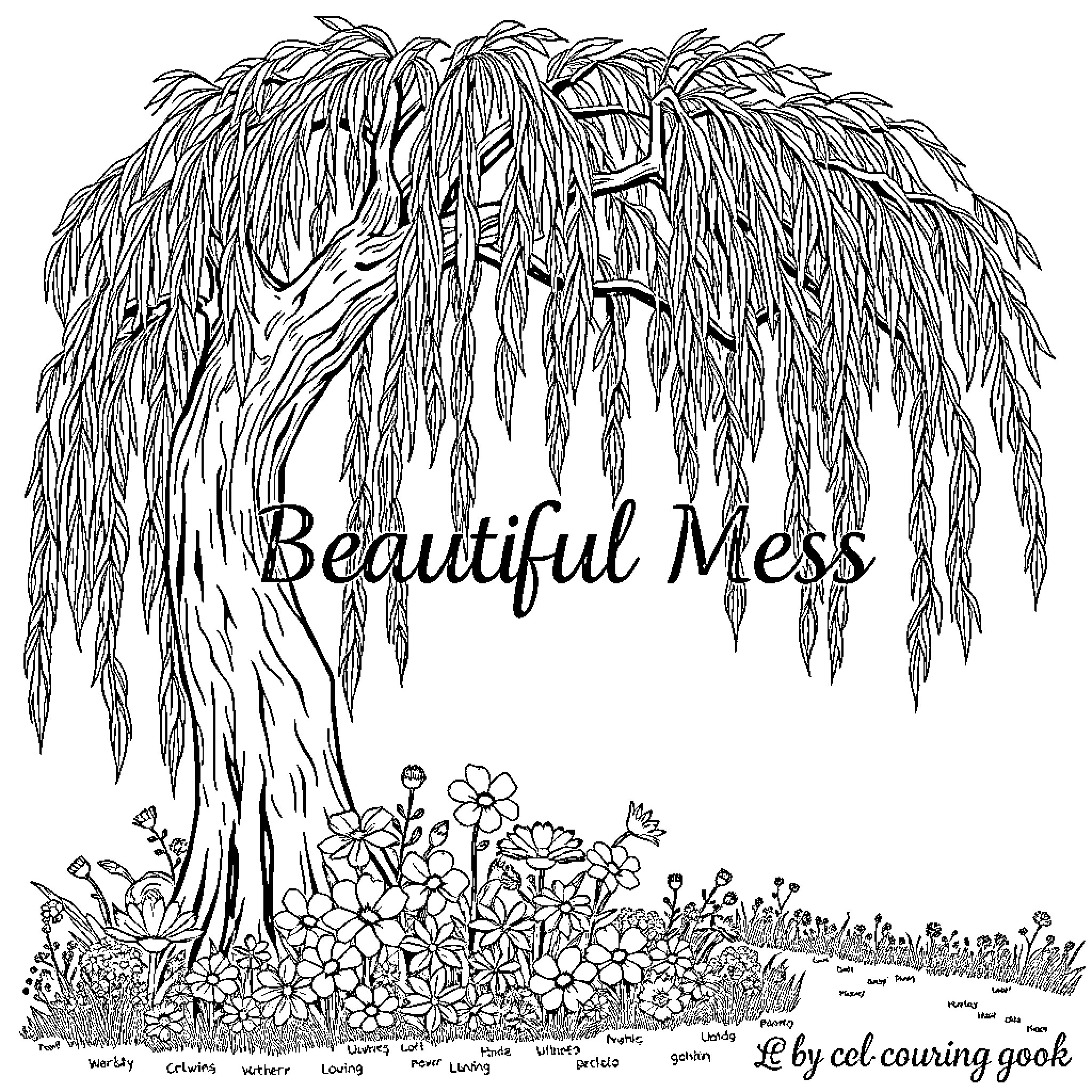 Willow tree with a beautiful mess of flowers Coloring Page (free black-and-white line drawing printable PDF for all, from beginners to advanced learners, including children, teens, adults, and seniors)