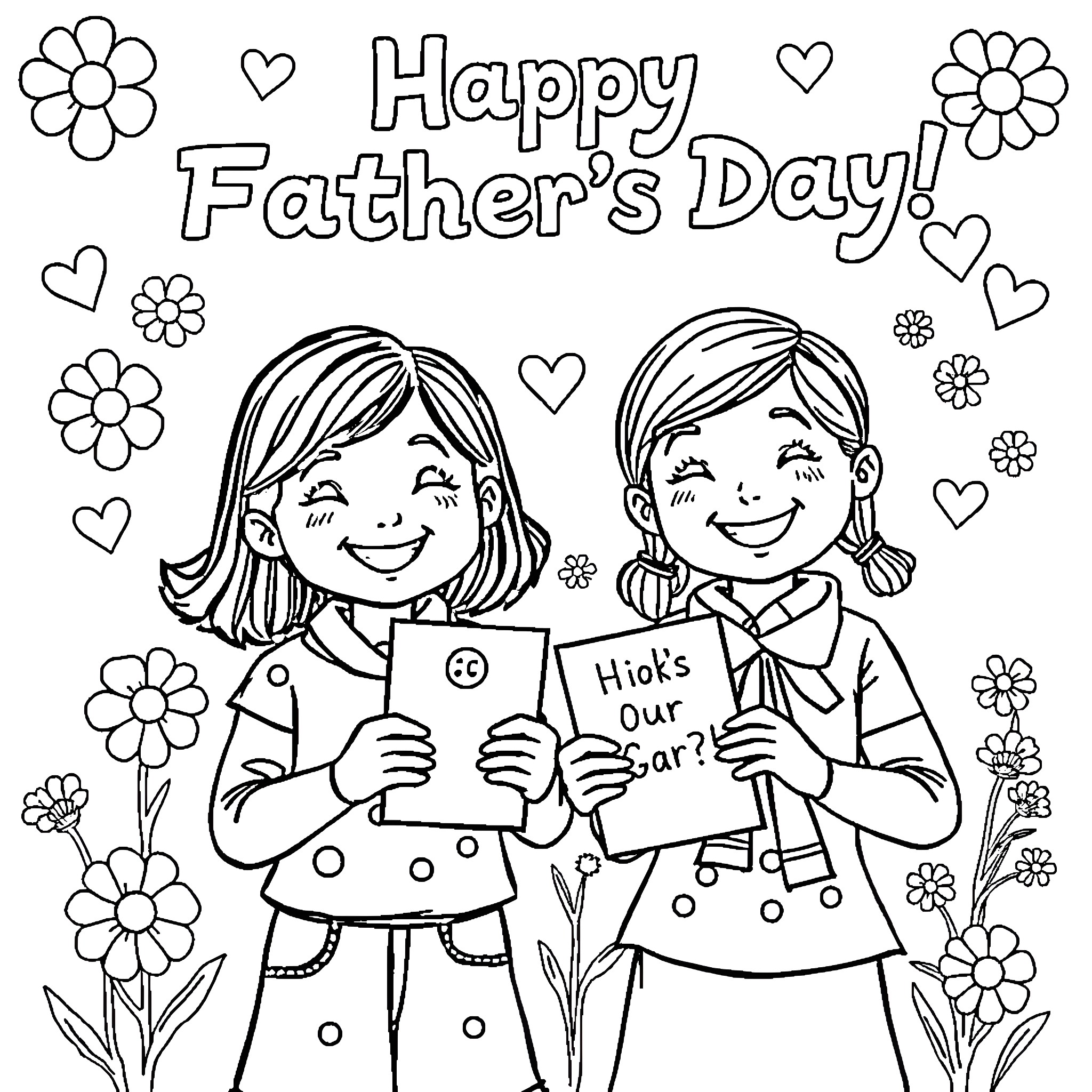 Girls make Happy Father's Day cards Coloring Page (free black-and-white line drawing printable PDF for all, from beginners to advanced learners, including children, teens, adults, and seniors)