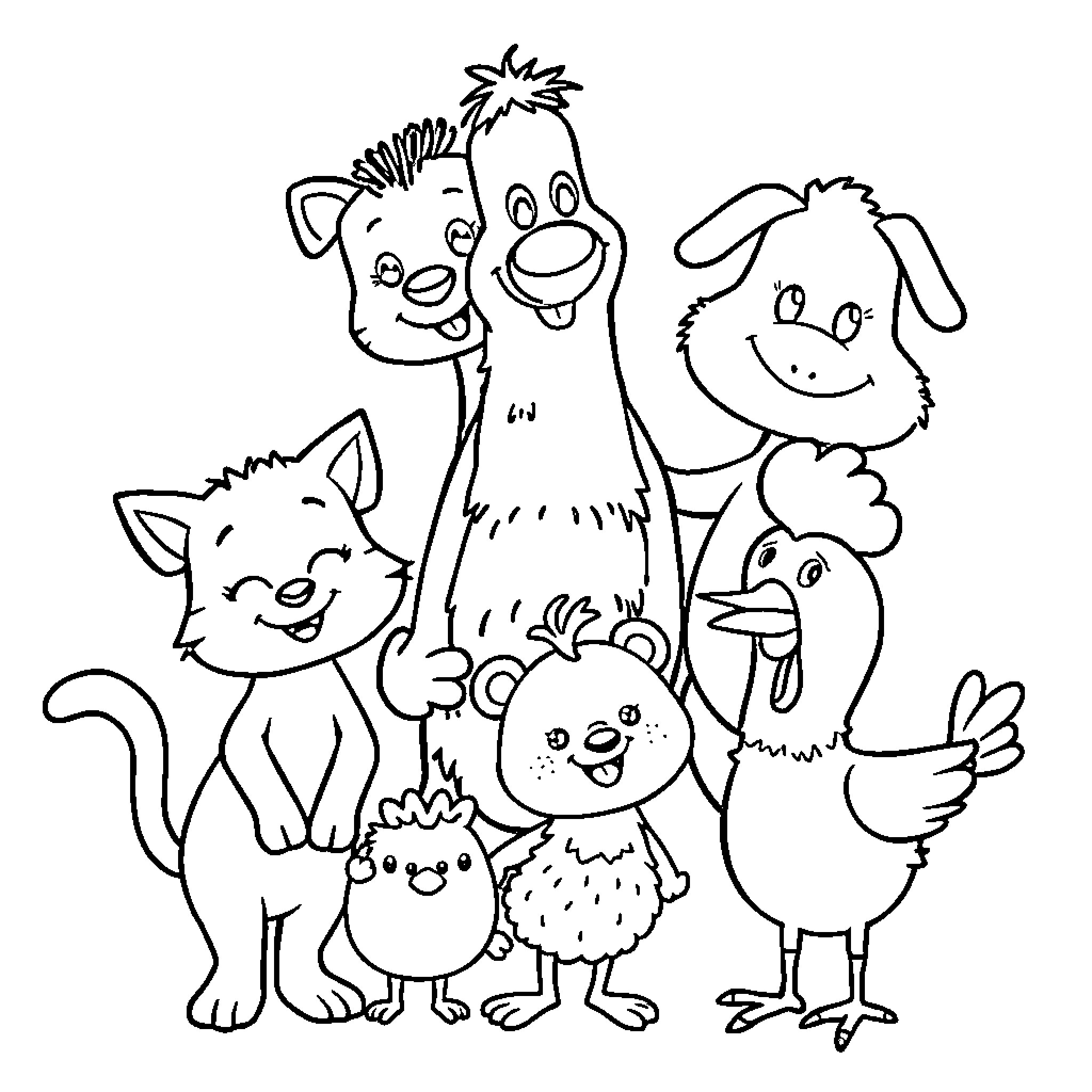 Poppy Playtime Silly Animal Friends Gathered Coloring Page (free black-and-white line drawing printable PDF for all, from beginners to advanced learners, including children, teens, adults, and seniors)