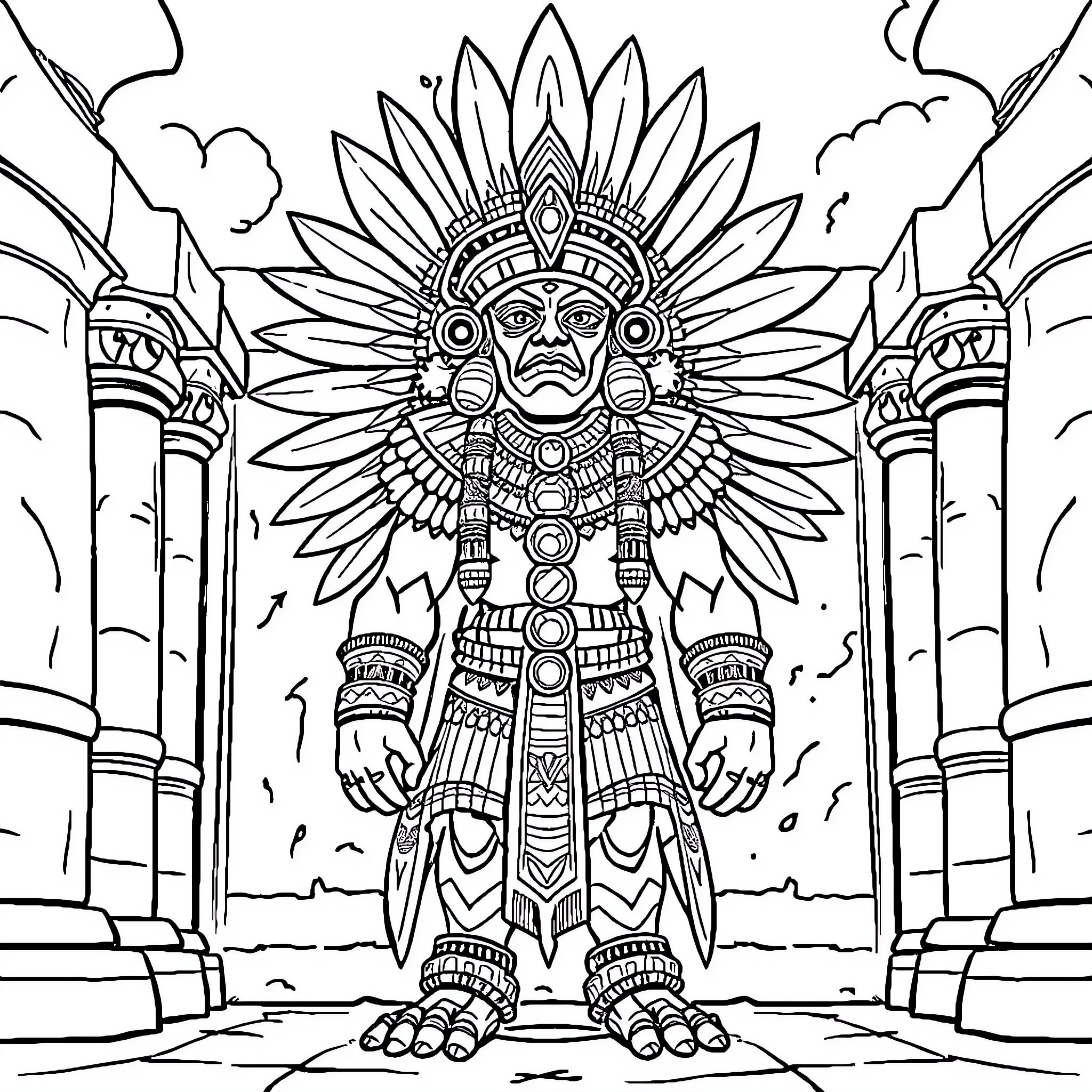 Aztec God in Ornate Ceremonial Attire Coloring Page (free black-and-white line drawing printable PDF for all, from beginners to advanced learners, including children, teens, adults, and seniors)