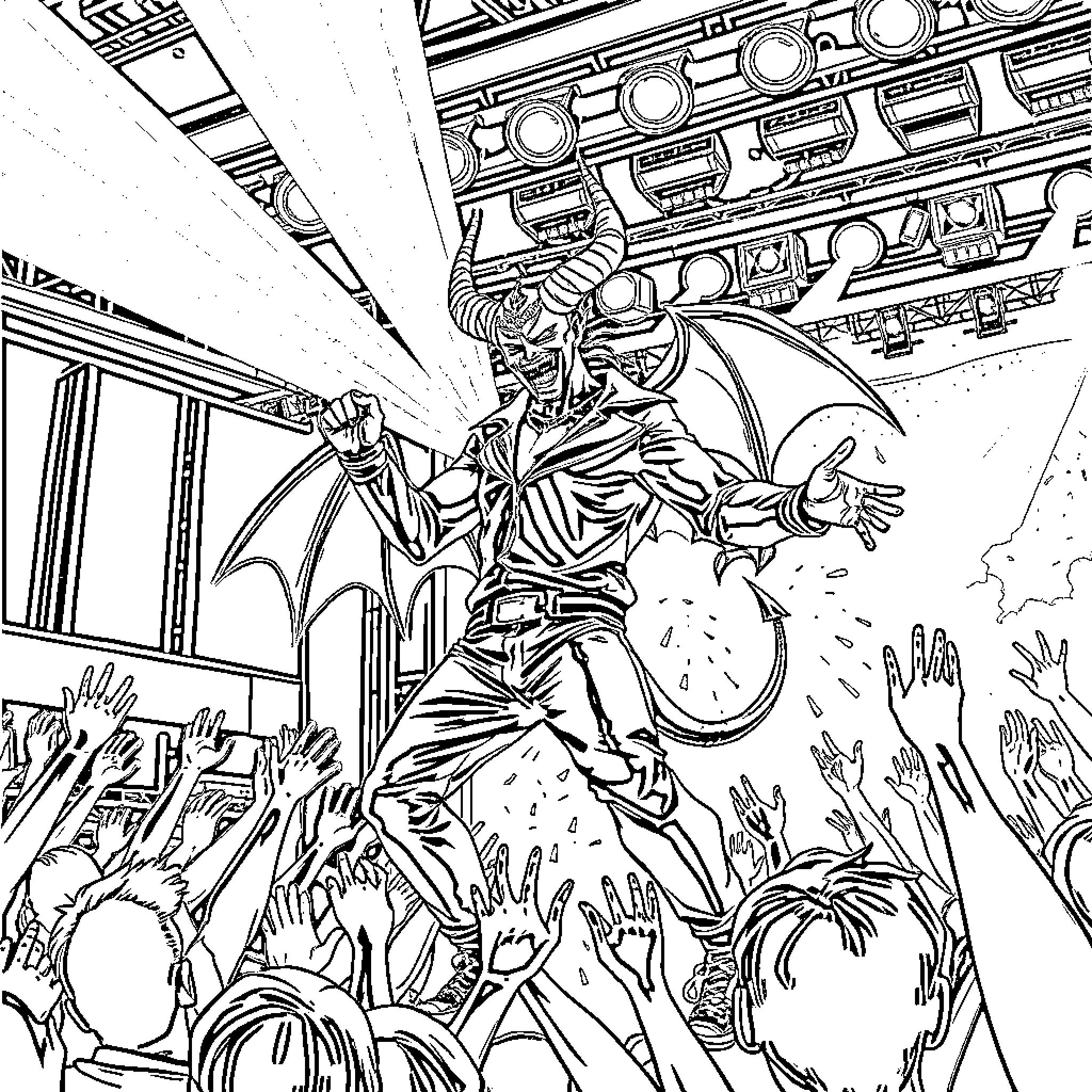 K Pop Demon Commanding Audience with Powerful Performance Coloring Page (free black-and-white line drawing printable PDF for all, from beginners to advanced learners, including children, teens, adults, and seniors)