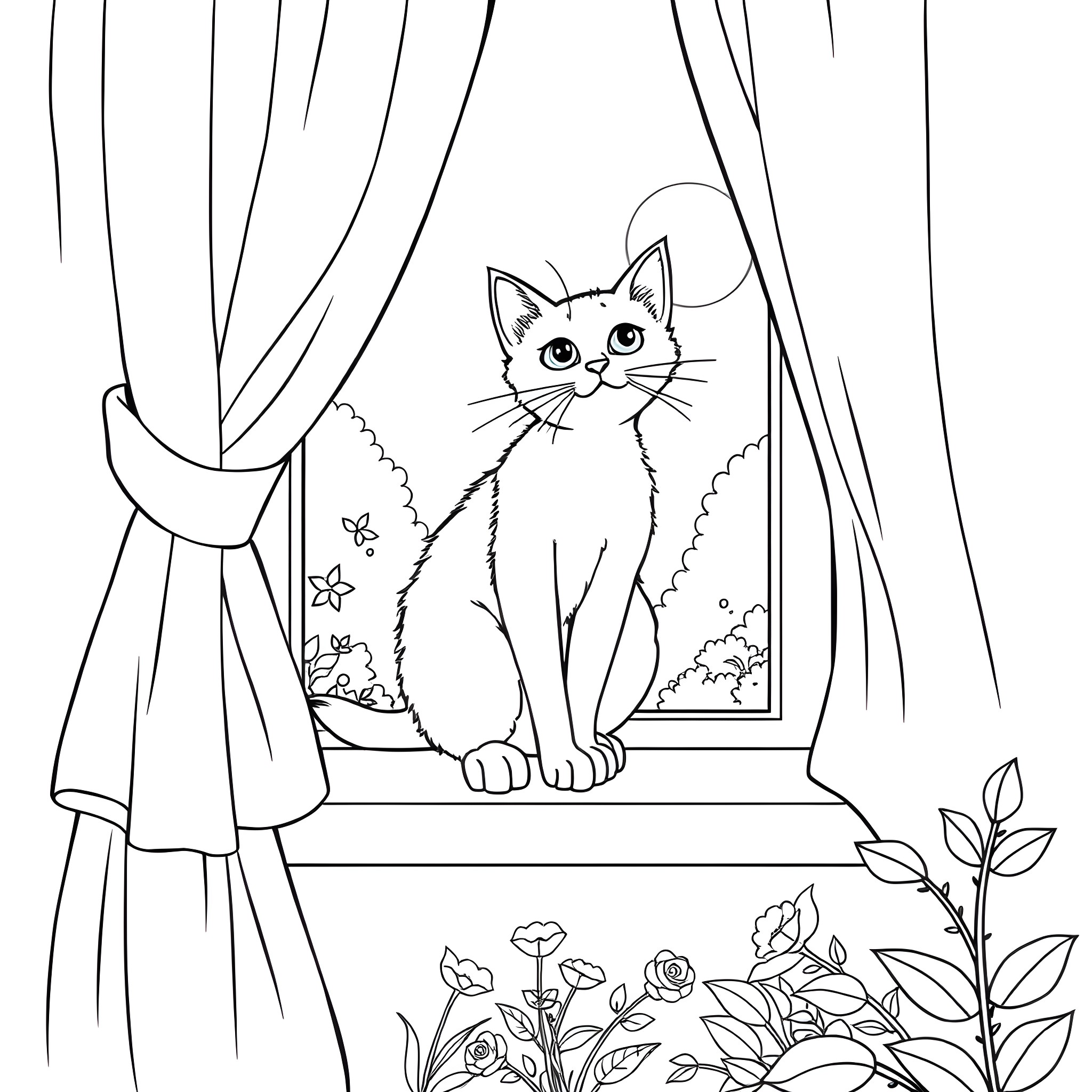 Cat gazing through window with flowers Coloring Page (free black-and-white line drawing printable PDF for all, from beginners to advanced learners, including children, teens, adults, and seniors)