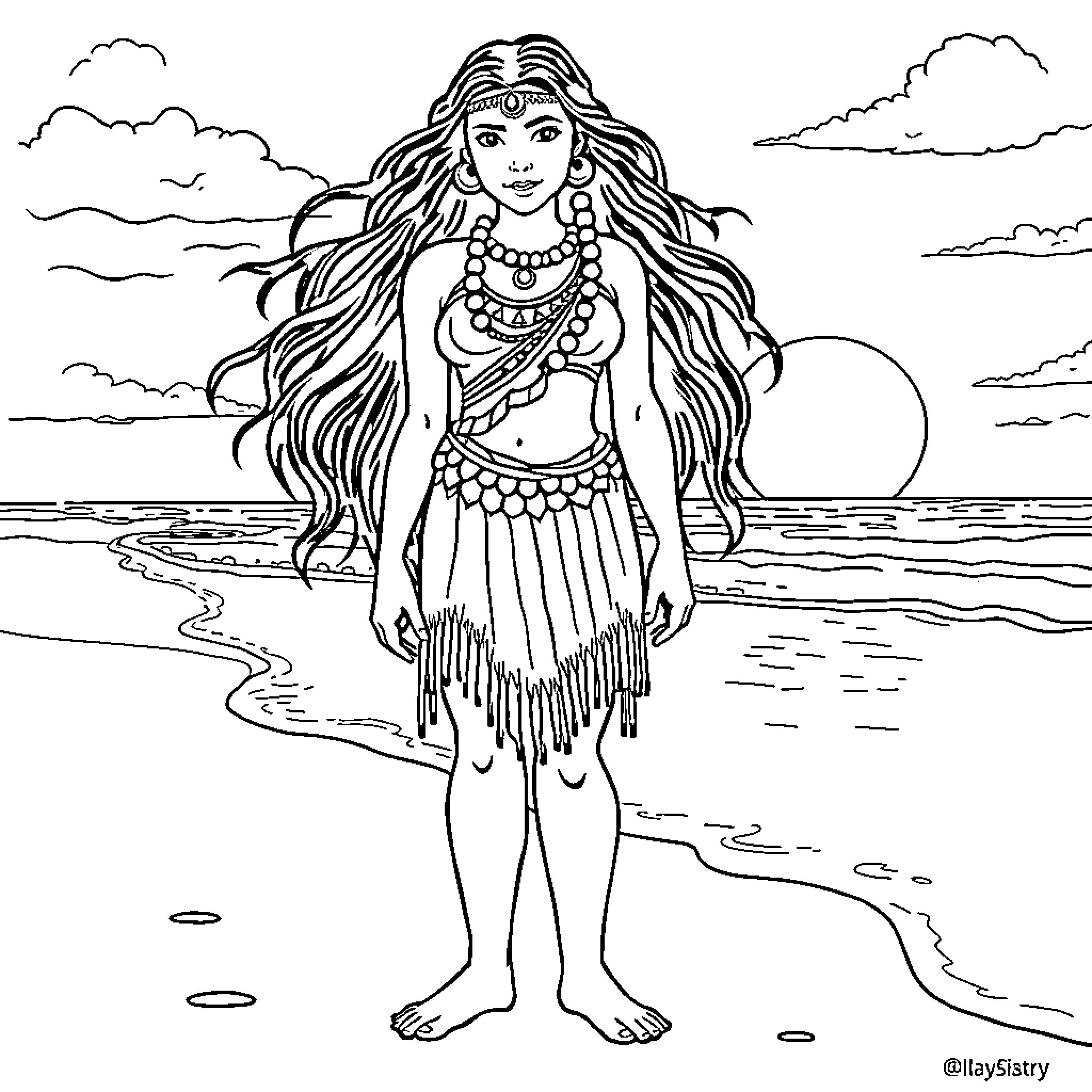 Pocahontas enjoying the beauty of nature Coloring Page (free black-and-white line drawing printable PDF for all, from beginners to advanced learners, including children, teens, adults, and seniors)