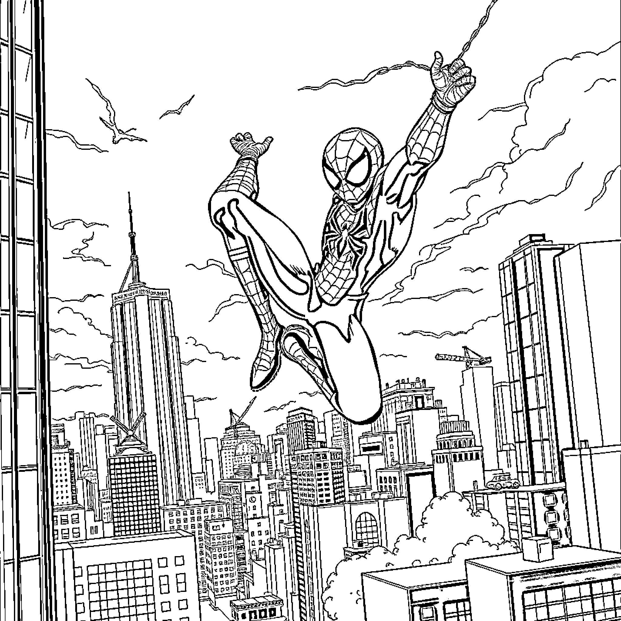 Spider-Man swinging heroically through the city Coloring Page (free black-and-white line drawing printable PDF for all, from beginners to advanced learners, including children, teens, adults, and seniors)