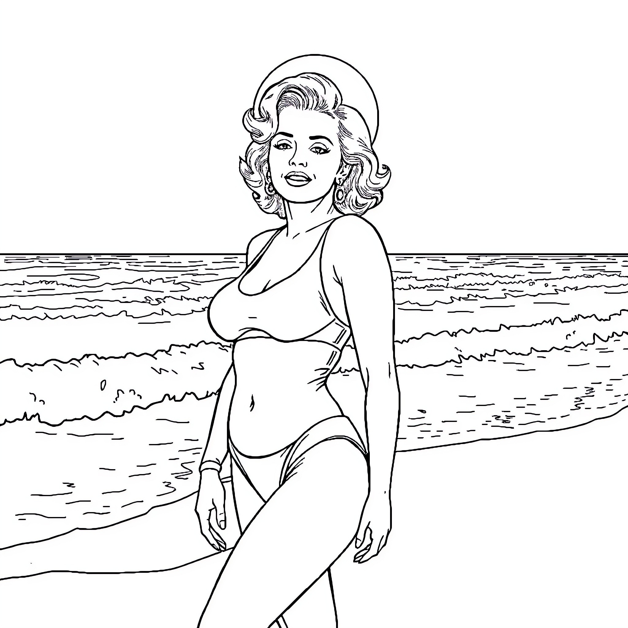 Marilyn Monroe on the beach in swimsuit Coloring Page (free black-and-white line drawing printable PDF for all, from beginners to advanced learners, including children, teens, adults, and seniors)
