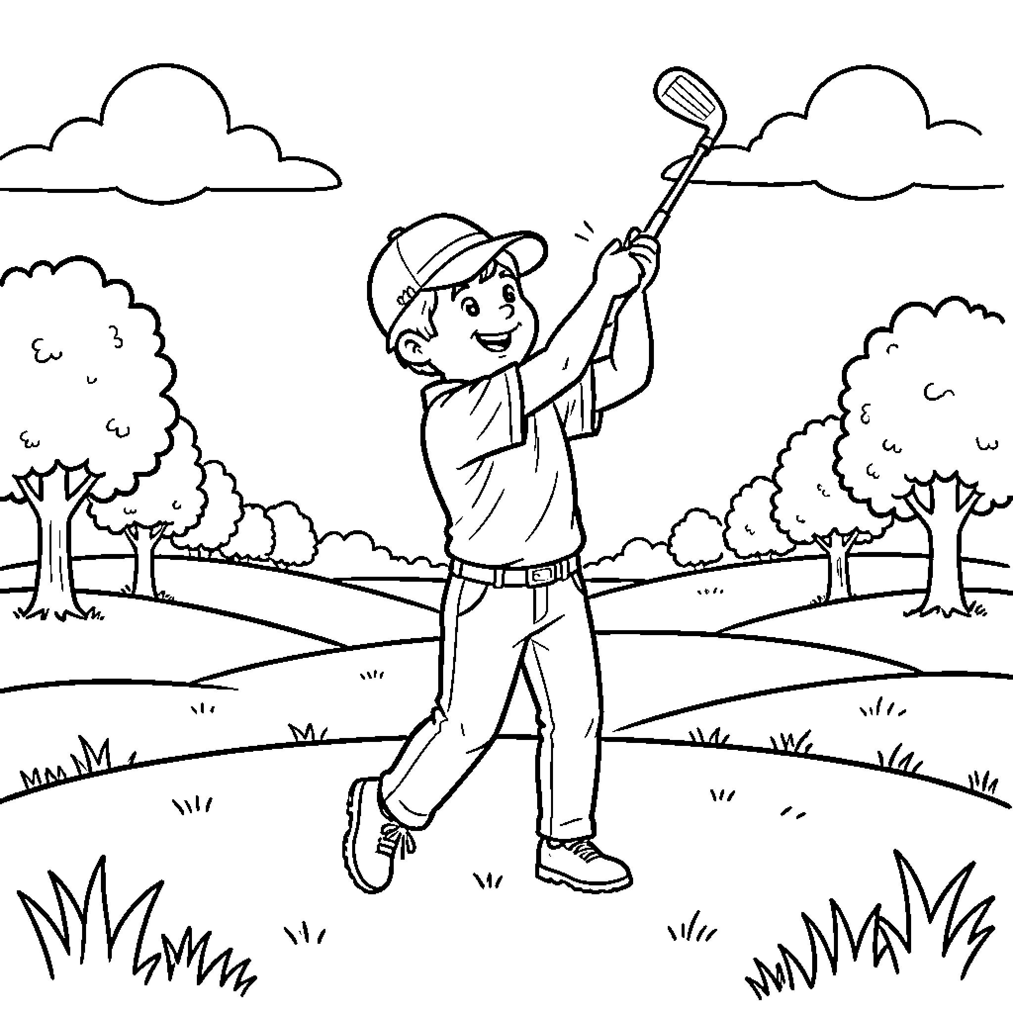 Cookie Swinging a Toy Golf Club in the Park Coloring Page (free black-and-white line drawing printable PDF for all, from beginners to advanced learners, including children, teens, adults, and seniors)