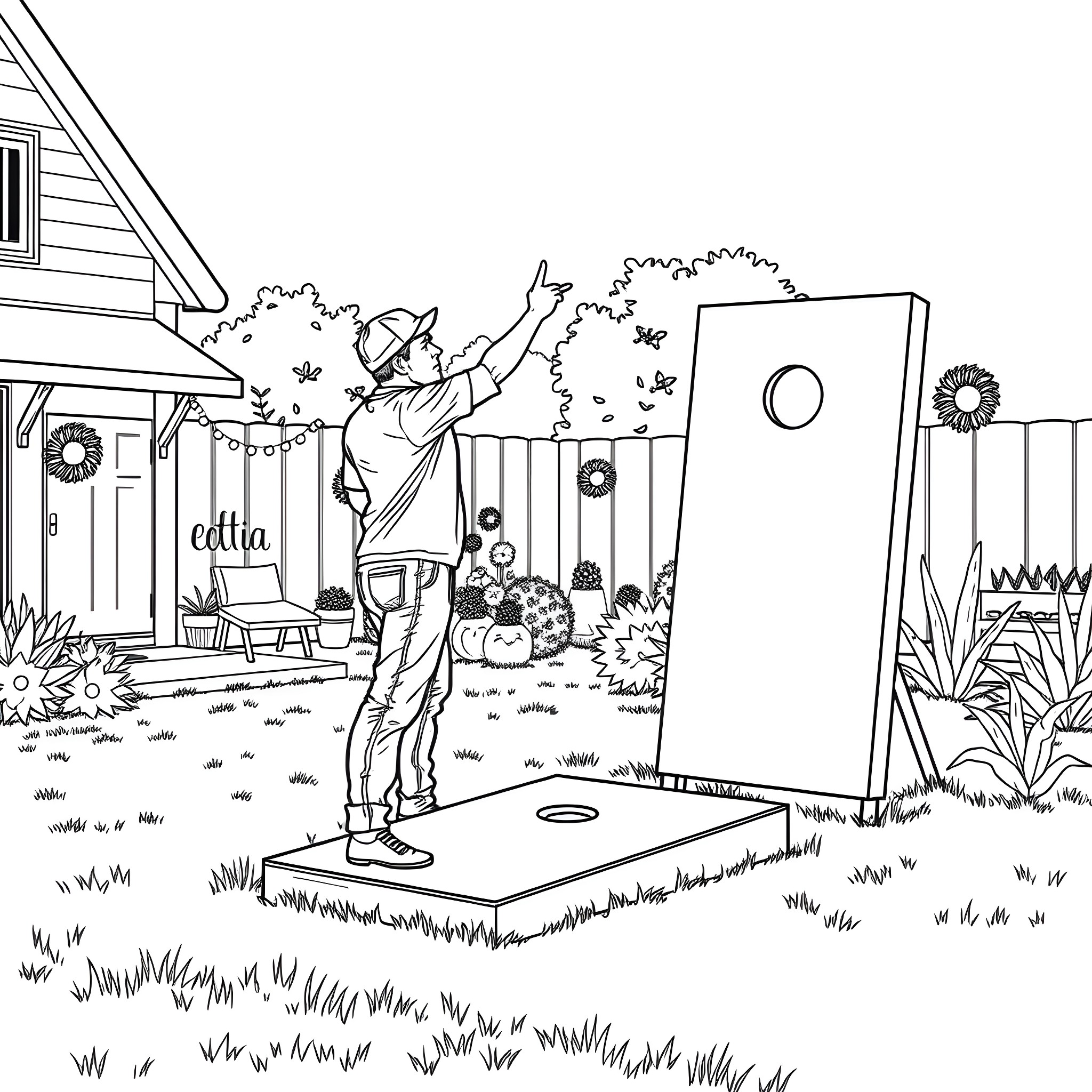 Man playing cornhole game on a sunny day Coloring Page (free black-and-white line drawing printable PDF for all, from beginners to advanced learners, including children, teens, adults, and seniors)