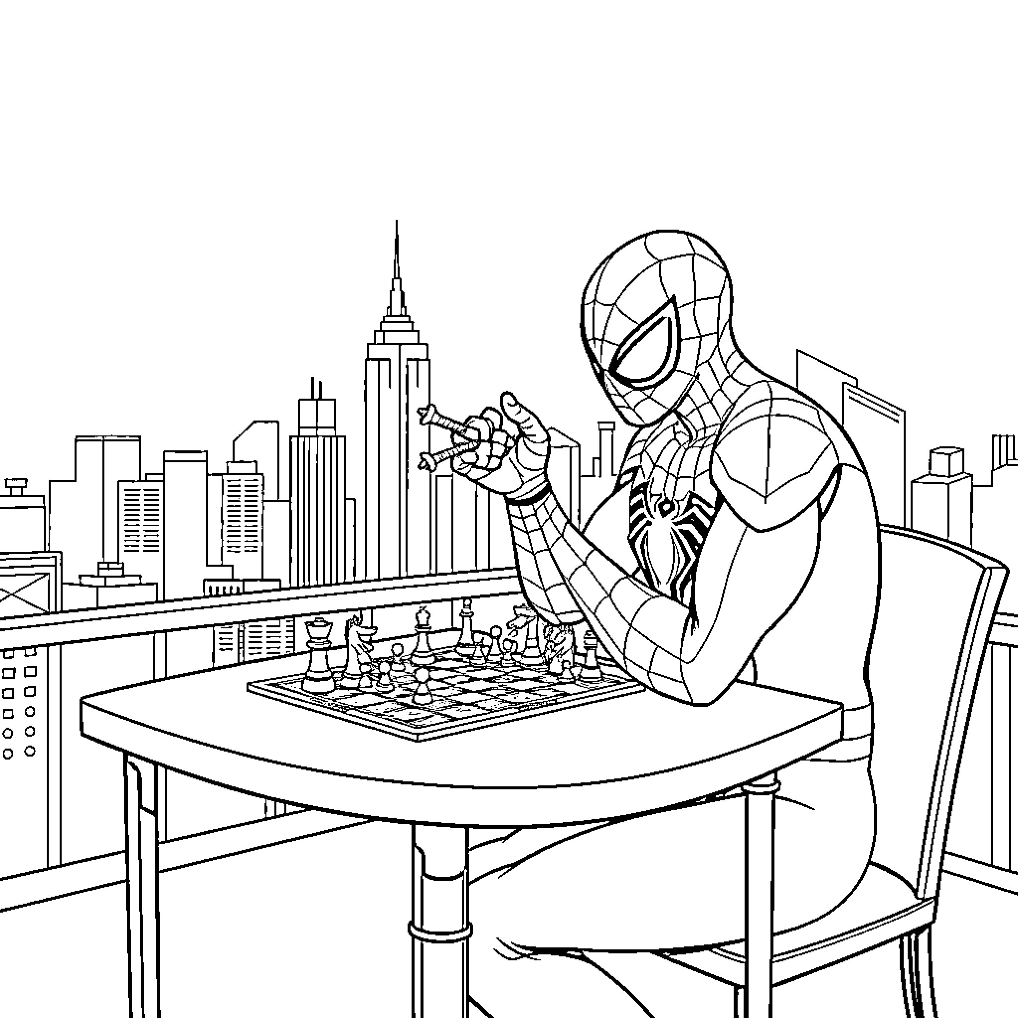 Spiderman playing chess in the city Coloring Page (free black-and-white line drawing printable PDF for all, from beginners to advanced learners, including children, teens, adults, and seniors)