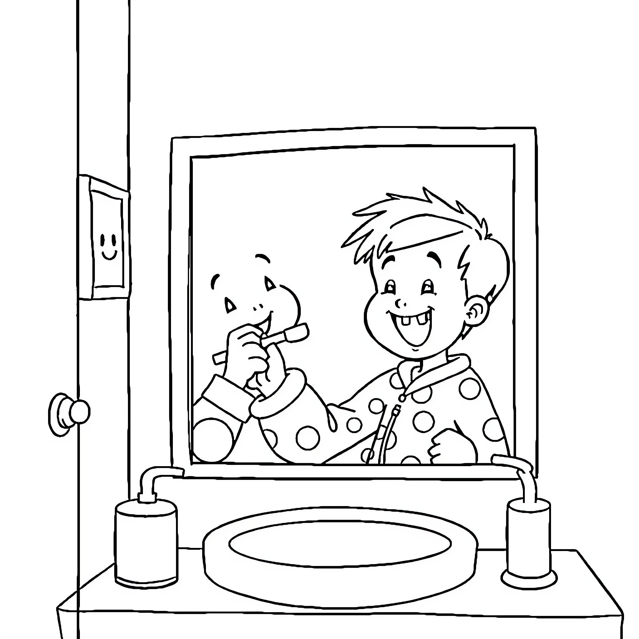 Kid brushing teeth in bathroom with enthusiasm Coloring Page (free black-and-white line drawing printable PDF for all, from beginners to advanced learners, including children, teens, adults, and seniors)