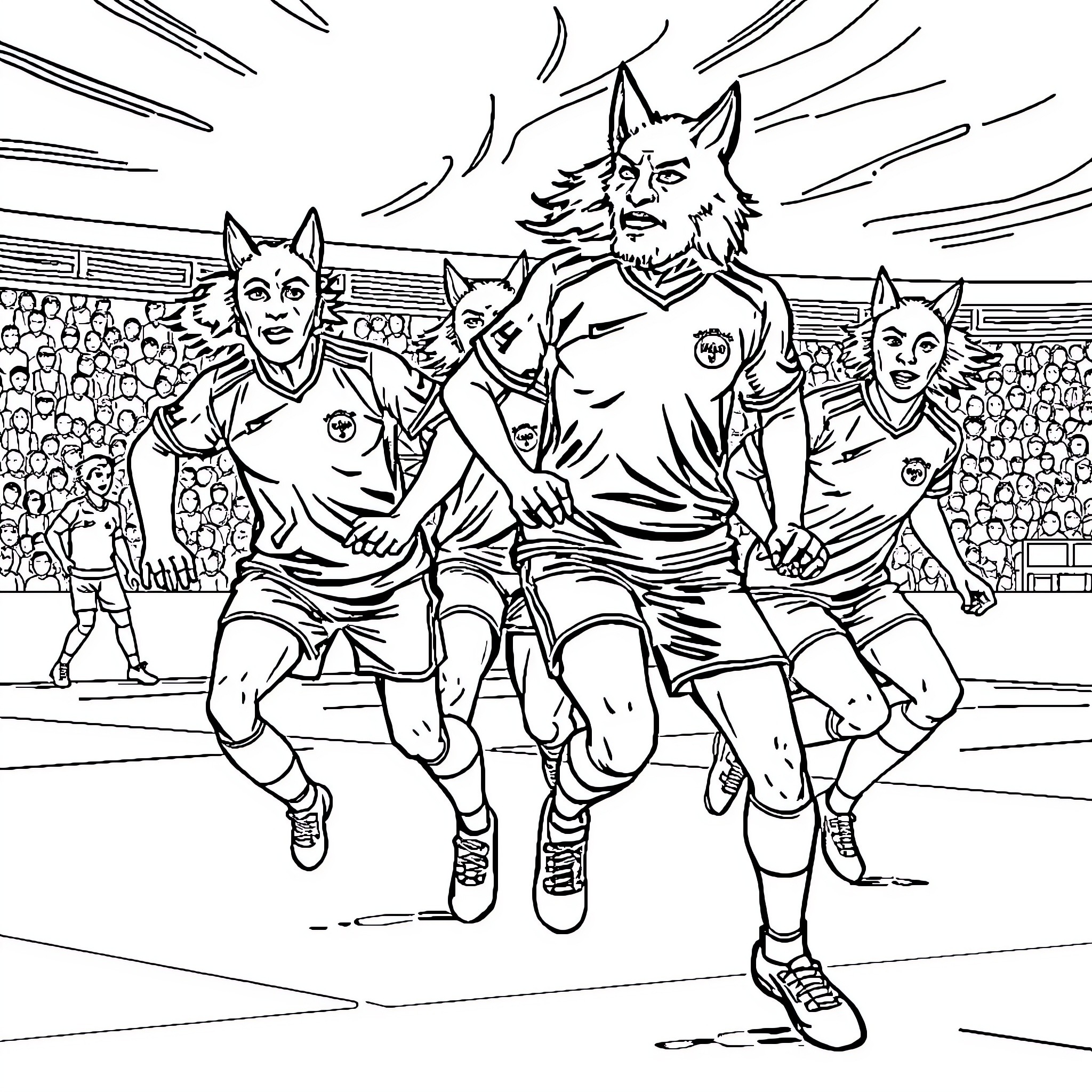 Handball players in intense action on the court Coloring Page (free black-and-white line drawing printable PDF for all, from beginners to advanced learners, including children, teens, adults, and seniors)