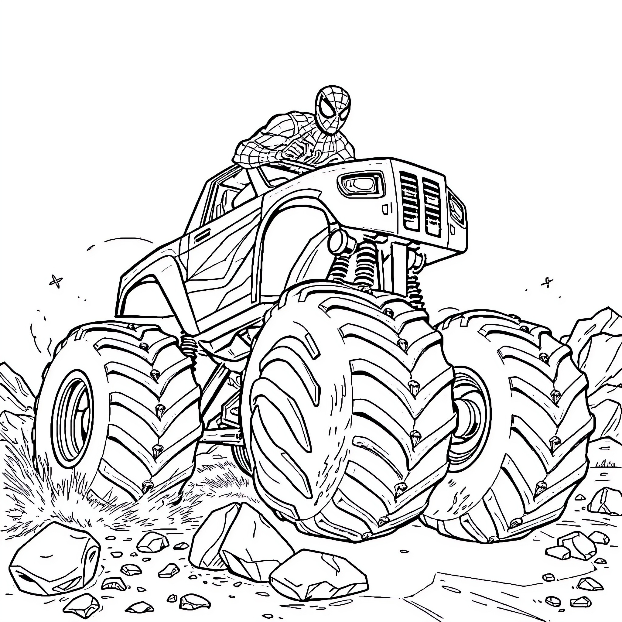 Spidey riding a monster truck on rocky terrain Coloring Page (free black-and-white line drawing printable PDF for all, from beginners to advanced learners, including children, teens, adults, and seniors)