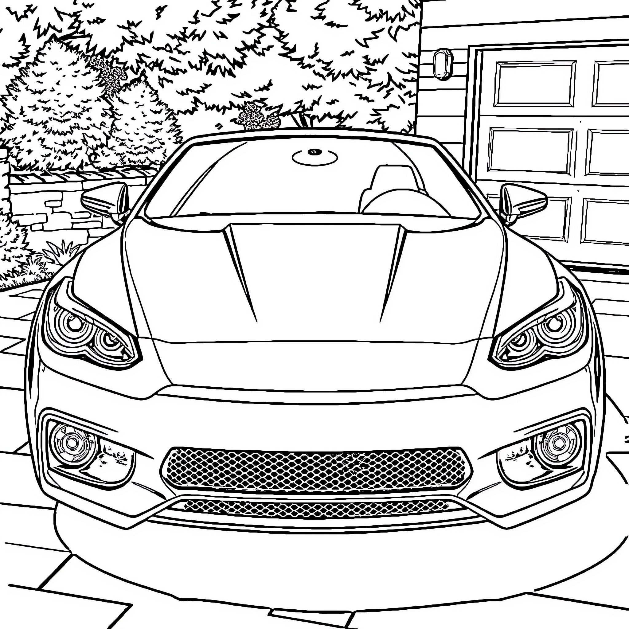 Car in a Snowy Landscape Coloring Page (free black-and-white line drawing printable PDF for all, from beginners to advanced learners, including children, teens, adults, and seniors)