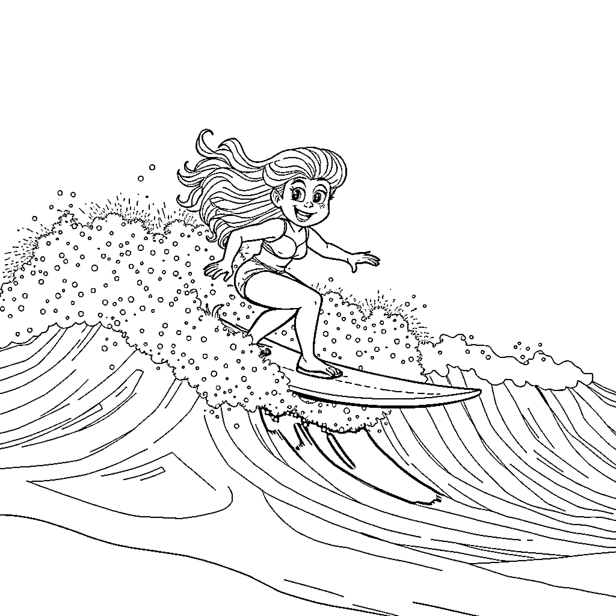Coco Ho surfing the waves with joy Coloring Page (free black-and-white line drawing printable PDF for all, from beginners to advanced learners, including children, teens, adults, and seniors)