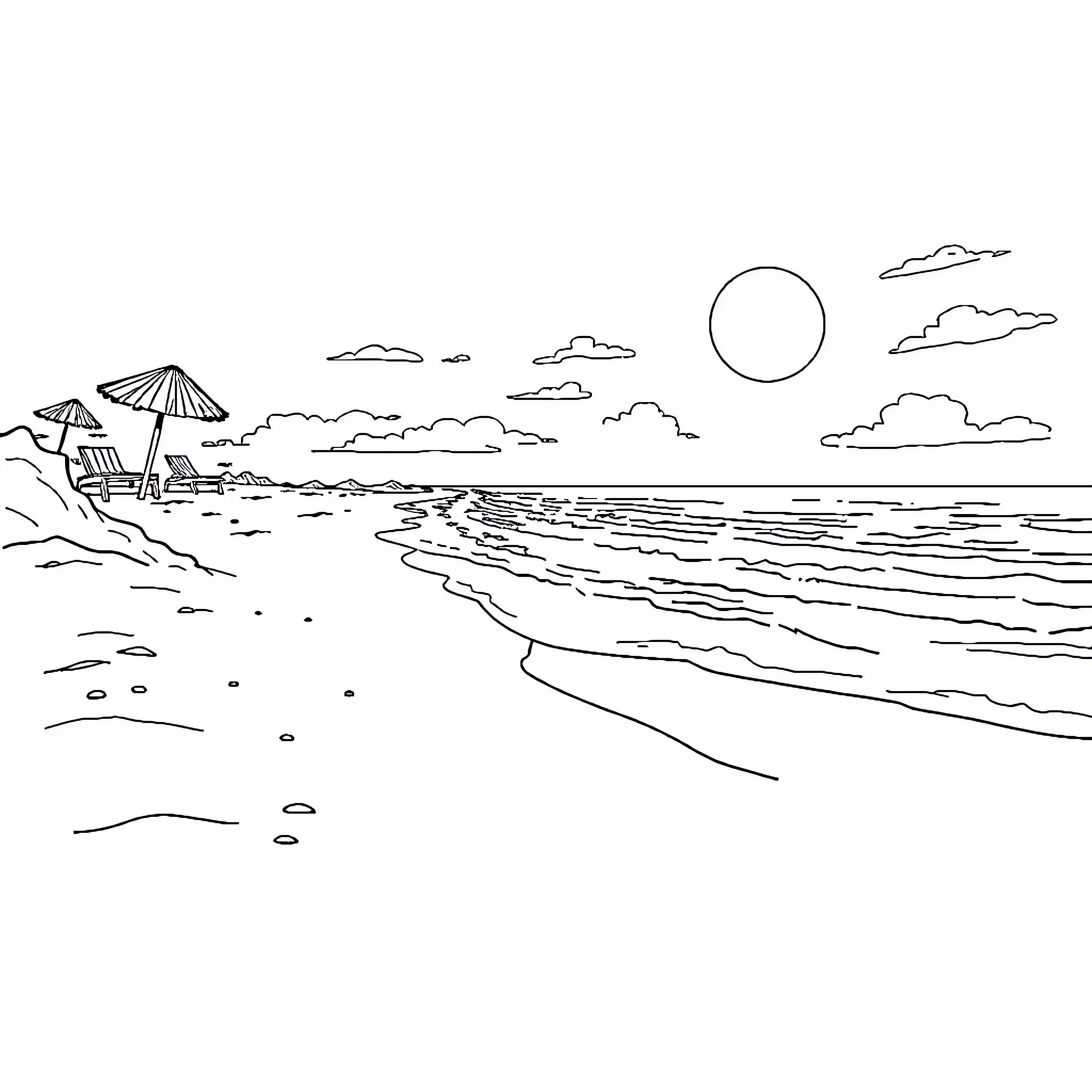 Playa scene with sunbathers and beachfront Coloring Page (free black-and-white line drawing printable PDF for all, from beginners to advanced learners, including children, teens, adults, and seniors)