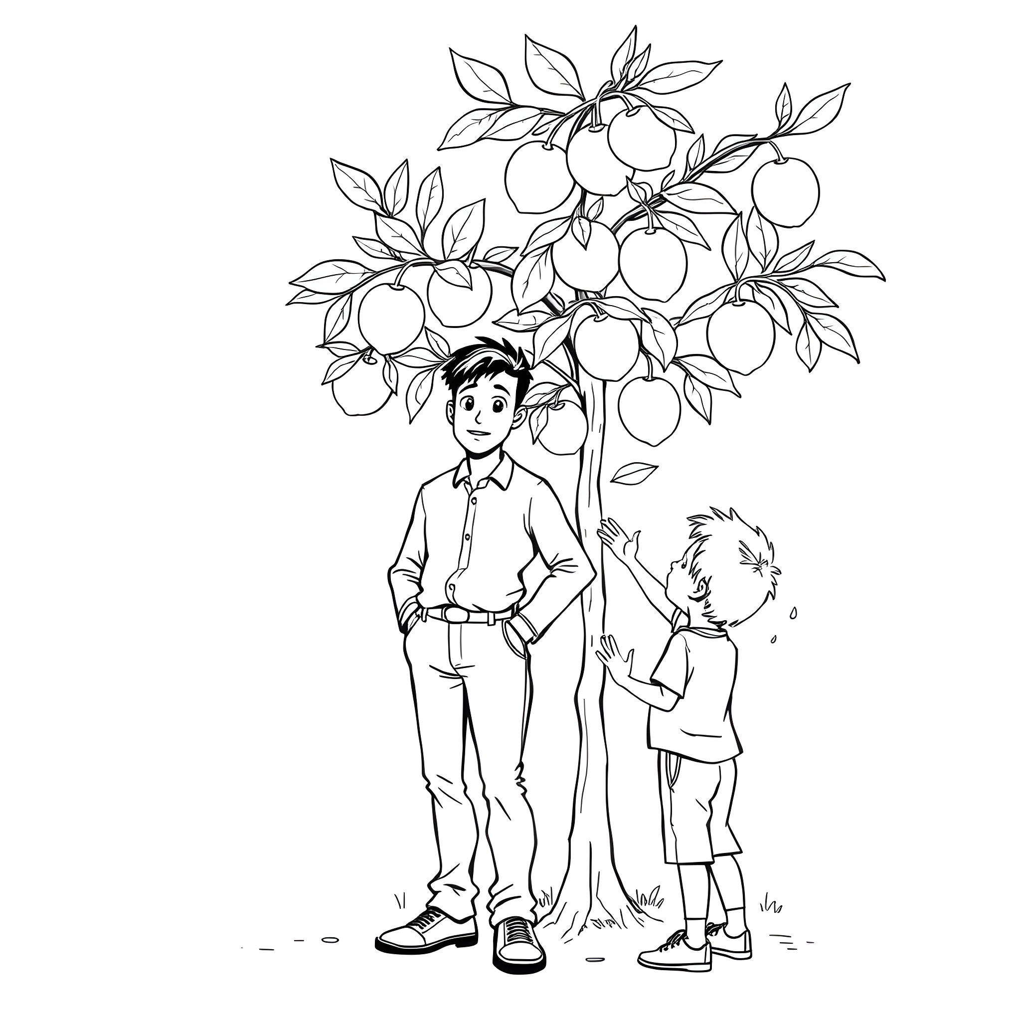 Dad and child playing under apple tree Coloring Page (free black-and-white line drawing printable PDF for all, from beginners to advanced learners, including children, teens, adults, and seniors)