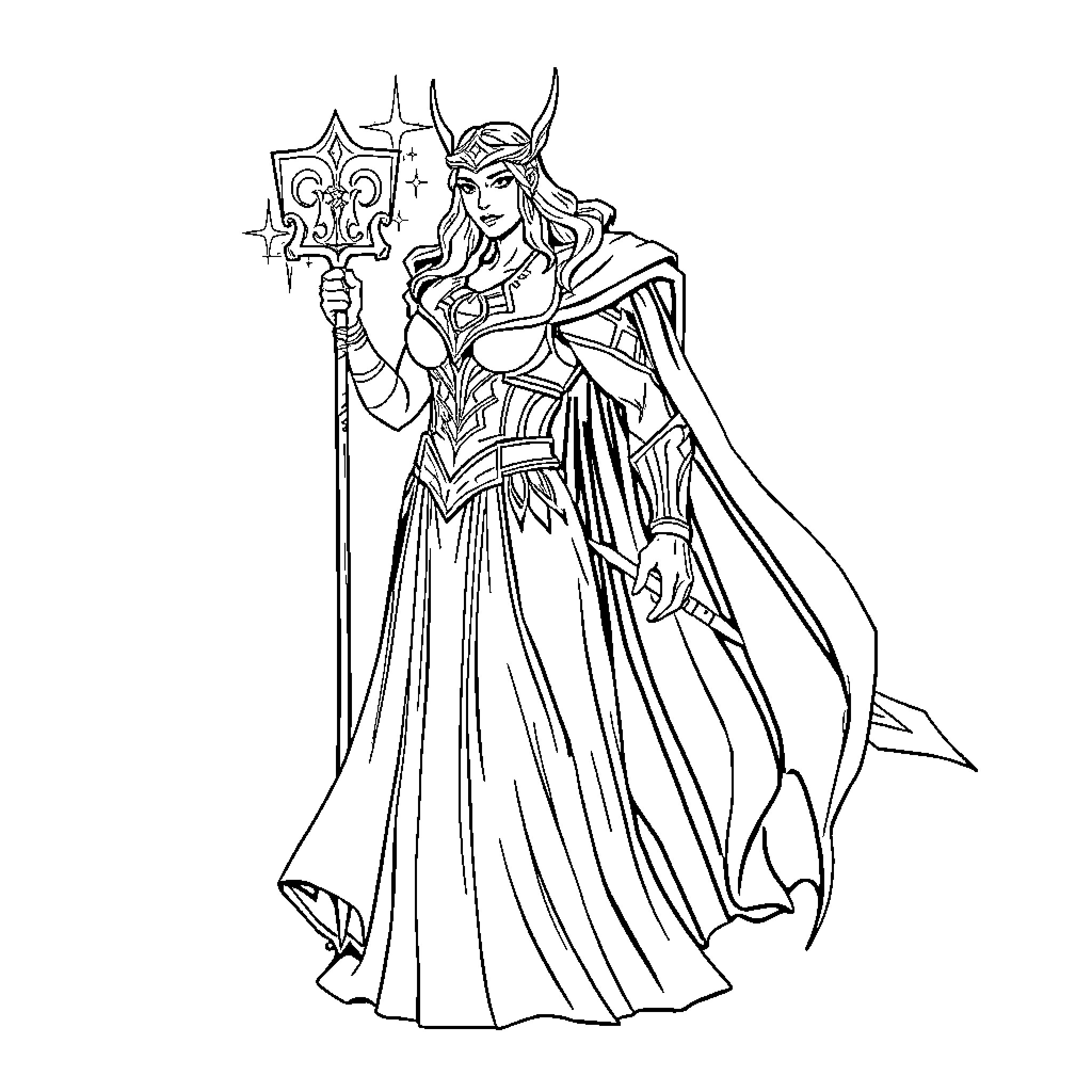 Thor: Mighty Goddess in Ornate Armor Coloring Page (free black-and-white line drawing printable PDF for all, from beginners to advanced learners, including children, teens, adults, and seniors)