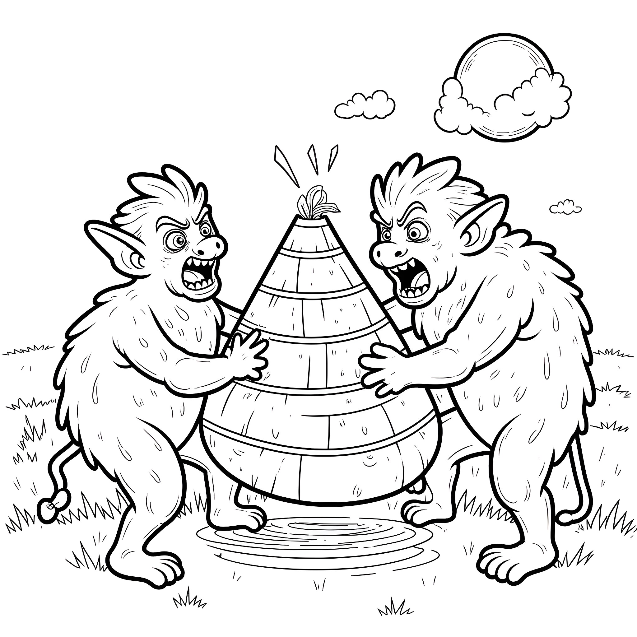 Demon Trolls Fighting over a Teepee Coloring Page (free black-and-white line drawing printable PDF for all, from beginners to advanced learners, including children, teens, adults, and seniors)