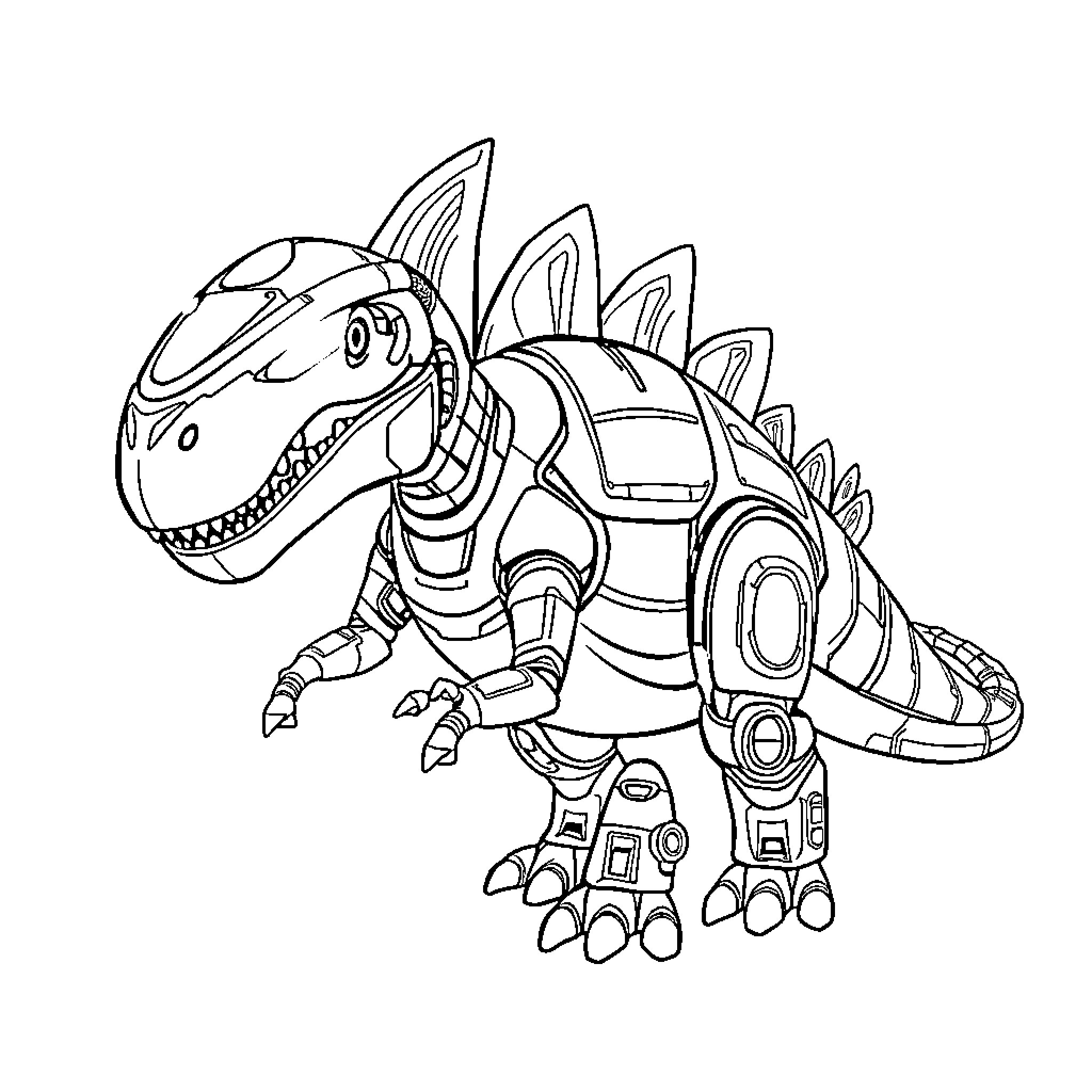 Robot Dinosaur stomping with mechanical features Coloring Page (free black-and-white line drawing printable PDF for all, from beginners to advanced learners, including children, teens, adults, and seniors)