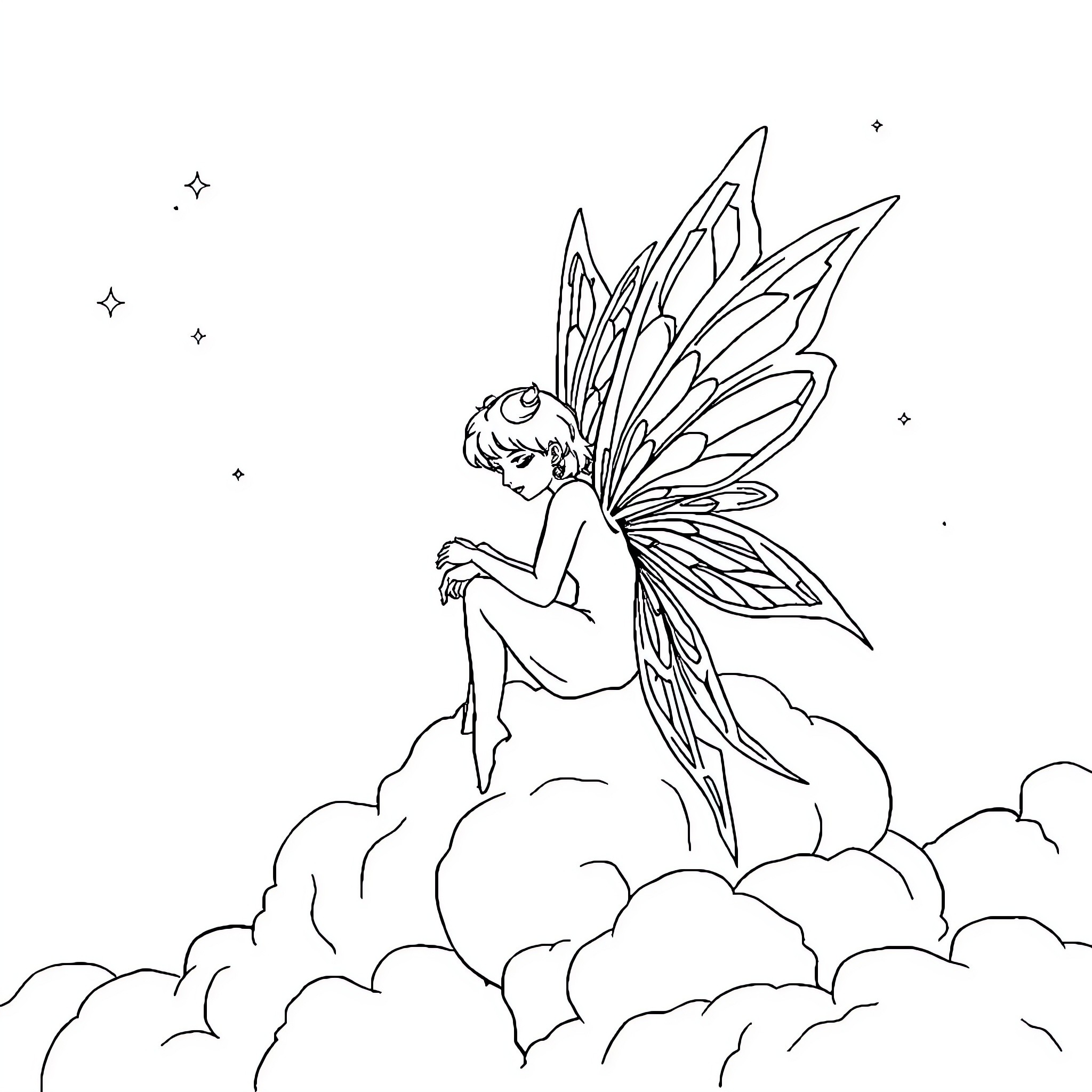 Fairy resting amidst clouds and stars Coloring Page (free black-and-white line drawing printable PDF for all, from beginners to advanced learners, including children, teens, adults, and seniors)