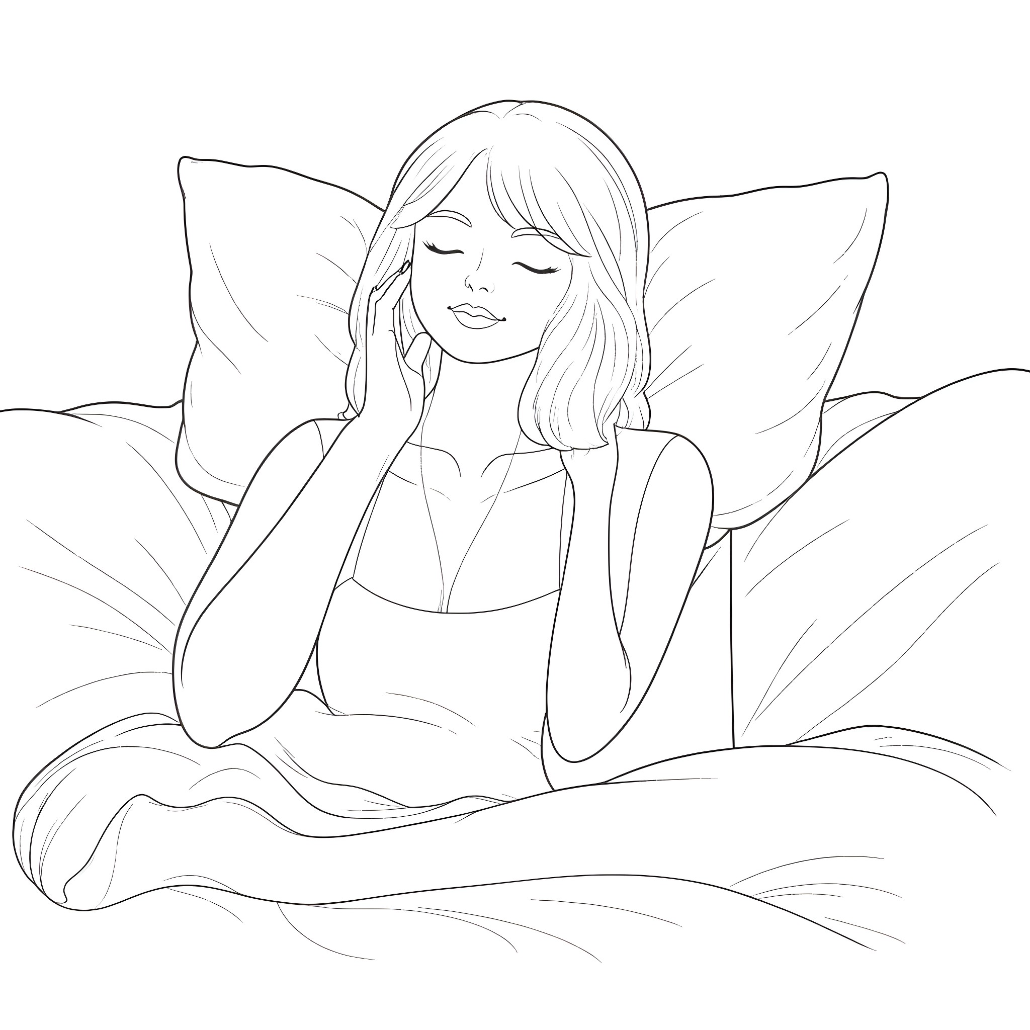 Yor Forger resting peacefully in bed Coloring Page (free black-and-white line drawing printable PDF for all, from beginners to advanced learners, including children, teens, adults, and seniors)