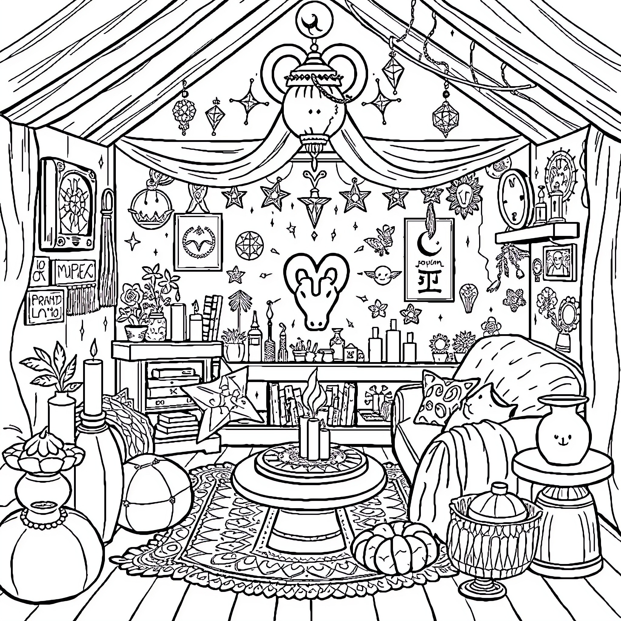 Capricorn's Cozy Celestial Abode Coloring Page (free black-and-white line drawing printable PDF for all, from beginners to advanced learners, including children, teens, adults, and seniors)